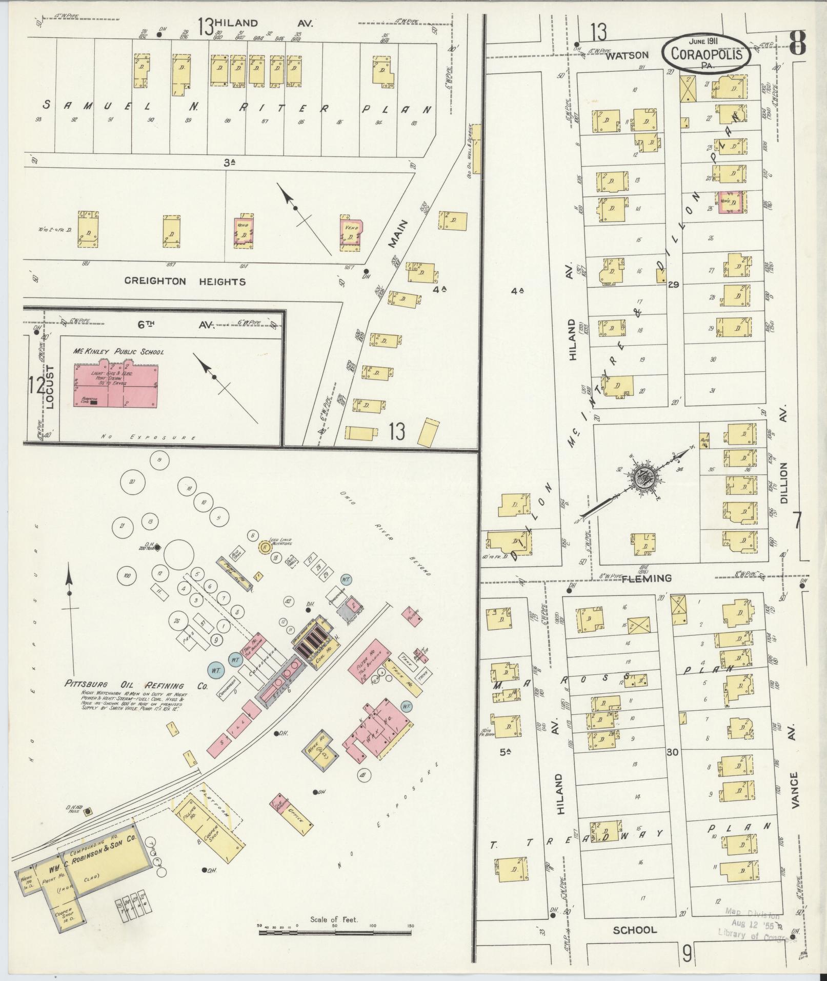 Sanborn Fire Insurance Map from Coraopolis, Allegheny County, Pennsylvania (1911), Sheet #0008 - Historic Sanborn Fire Insurance Map Print, vintage old map wall art, antique decor, genealogy gift, Pennsylvania Pennsylvania map