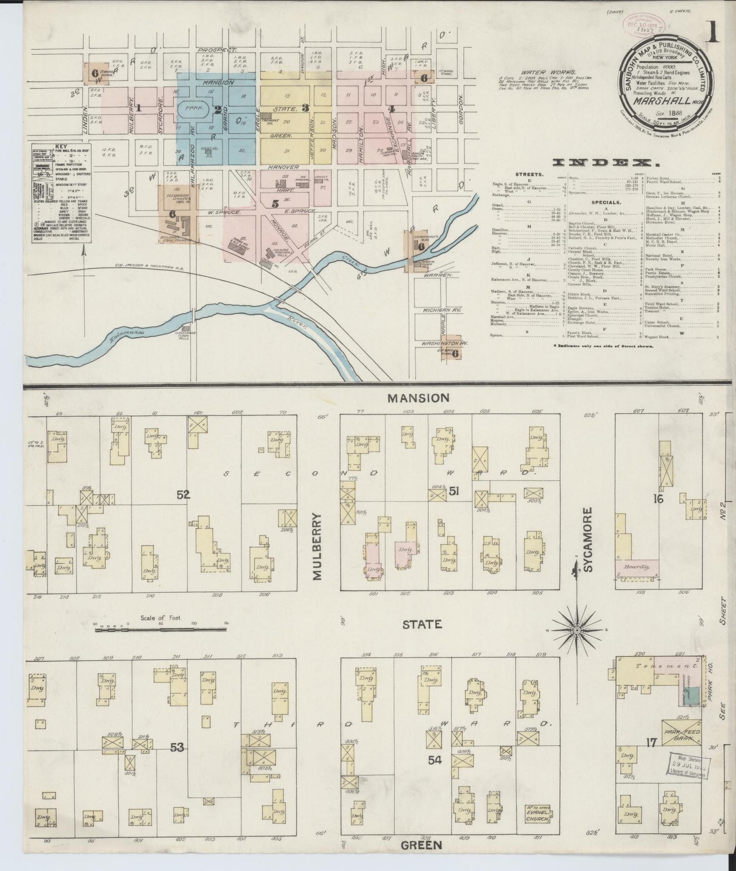 Sanborn Fire Insurance Map from Marshall, Calhoun County, Michigan (1888), Sheet #0001 - Historic Sanborn Fire Insurance Map Print, vintage old map wall art, antique decor, genealogy gift, Michigan Michigan map