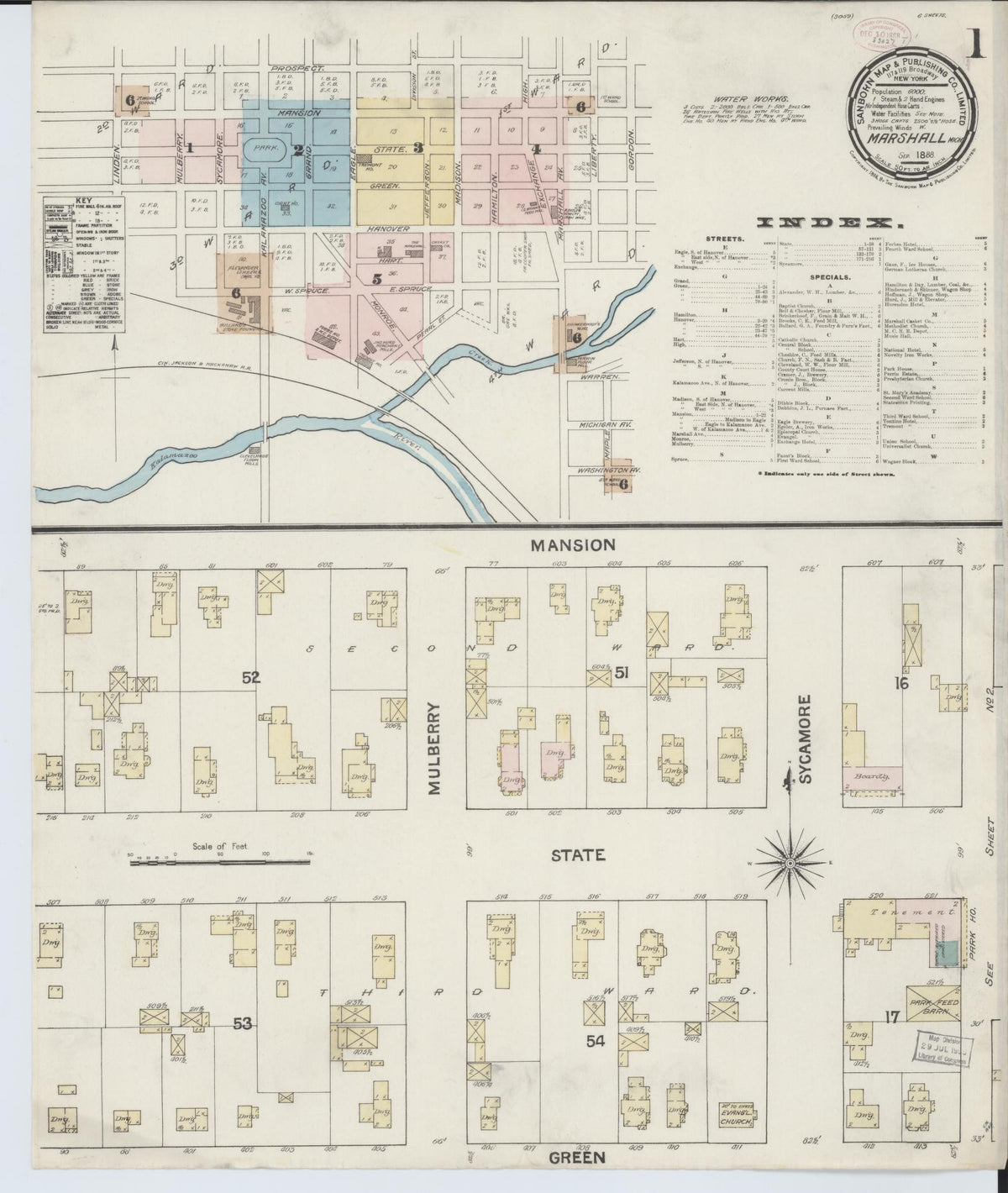 Sanborn Fire Insurance Map from Marshall, Calhoun County, Michigan (1888), Sheet #0001 - Historic Sanborn Fire Insurance Map Print, vintage old map wall art, antique decor, genealogy gift, Michigan Michigan map