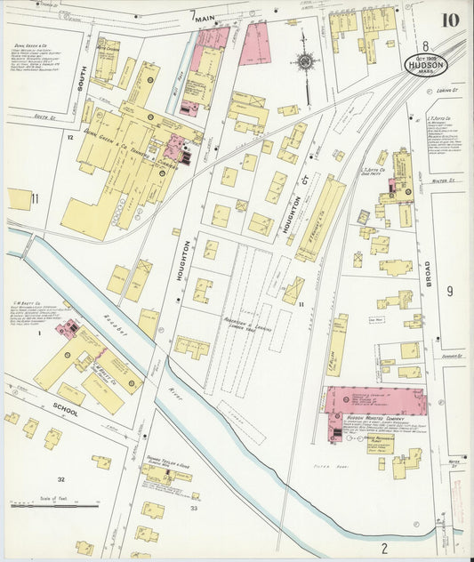 Sanborn Fire Insurance Map from Hudson, Middlesex County, Massachusetts (1909), Sheet #0010 - Historic Sanborn Fire Insurance Map Print, vintage old map wall art, antique decor, genealogy gift, Massachusetts Massachusetts map