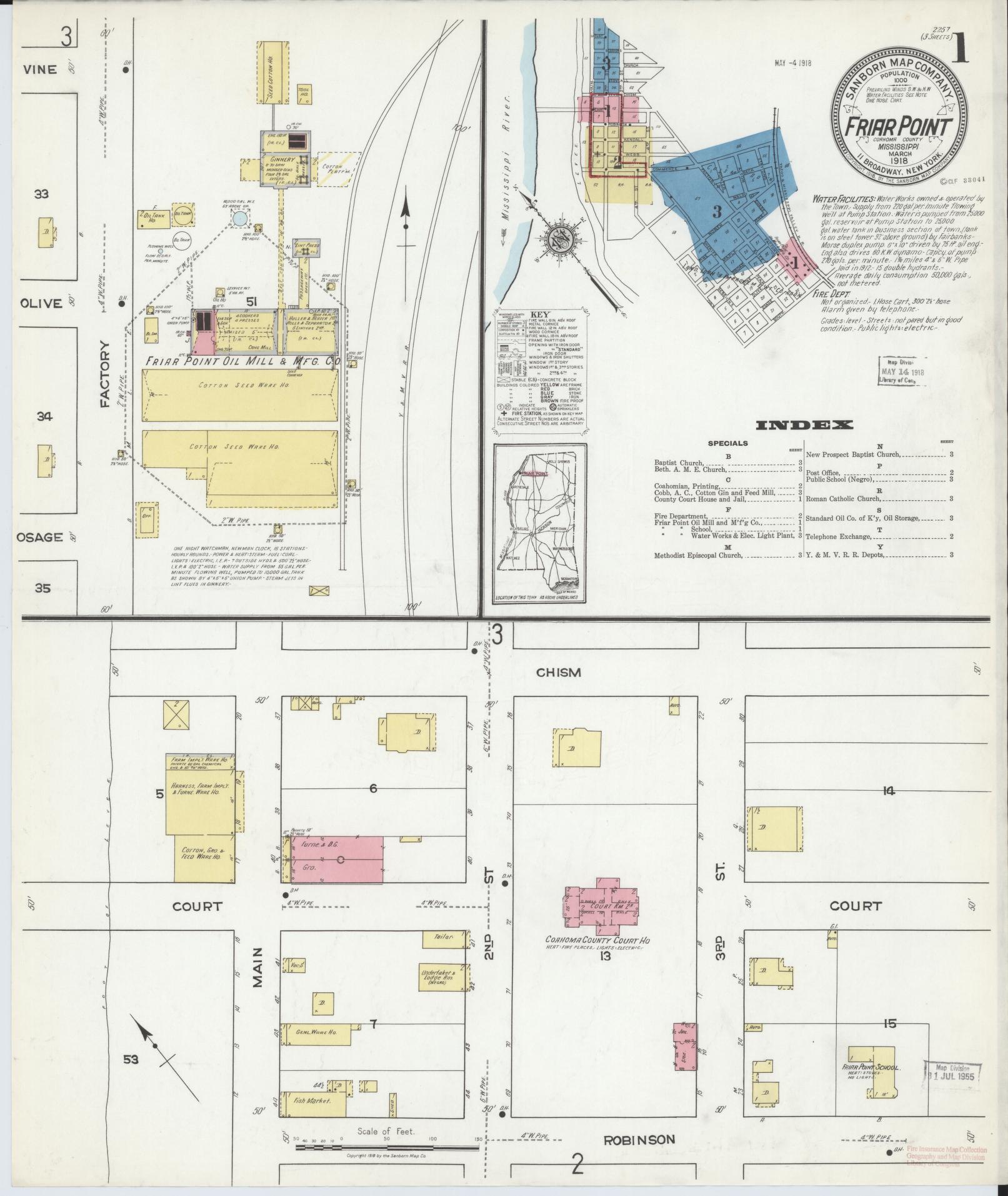 Sanborn Fire Insurance Map from Friars Point, Coahoma County, Mississippi (1918), Sheet #0001 - Historic Sanborn Fire Insurance Map Print, vintage old map wall art, antique decor, genealogy gift, Mississippi Mississippi map
