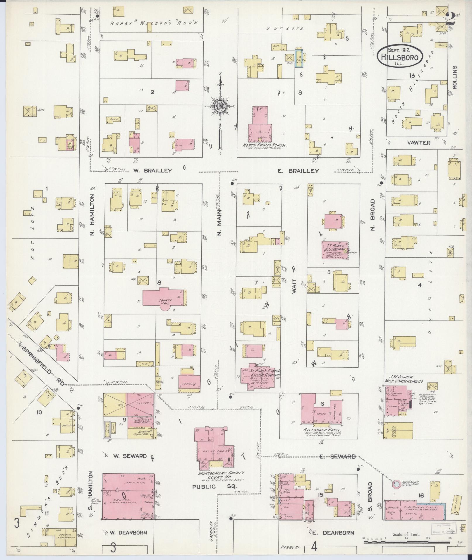 Sanborn Fire Insurance Map from Hillsboro, Montgomery County, Illinois (1912), Sheet #0002 - Complete Map Set gallery image, historic Sanborn map, vintage wall art, Illinois Illinois