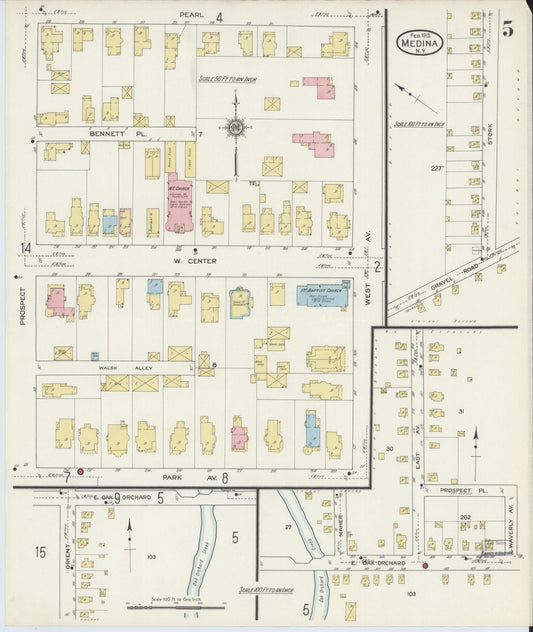 Sanborn Fire Insurance Map from Medina, Orleans County, New York (1915), Sheet #0005 - Historic Sanborn Fire Insurance Map Print, vintage old map wall art, antique decor, genealogy gift, New York New York map