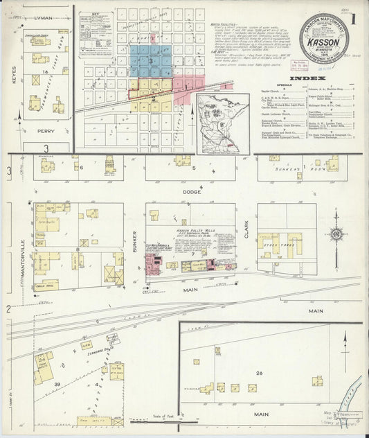 Sanborn Fire Insurance Map from Kasson, Dodge County, Minnesota (1914), Sheet #0001 - Historic Sanborn Fire Insurance Map Print, vintage old map wall art, antique decor, genealogy gift, Minnesota Minnesota map