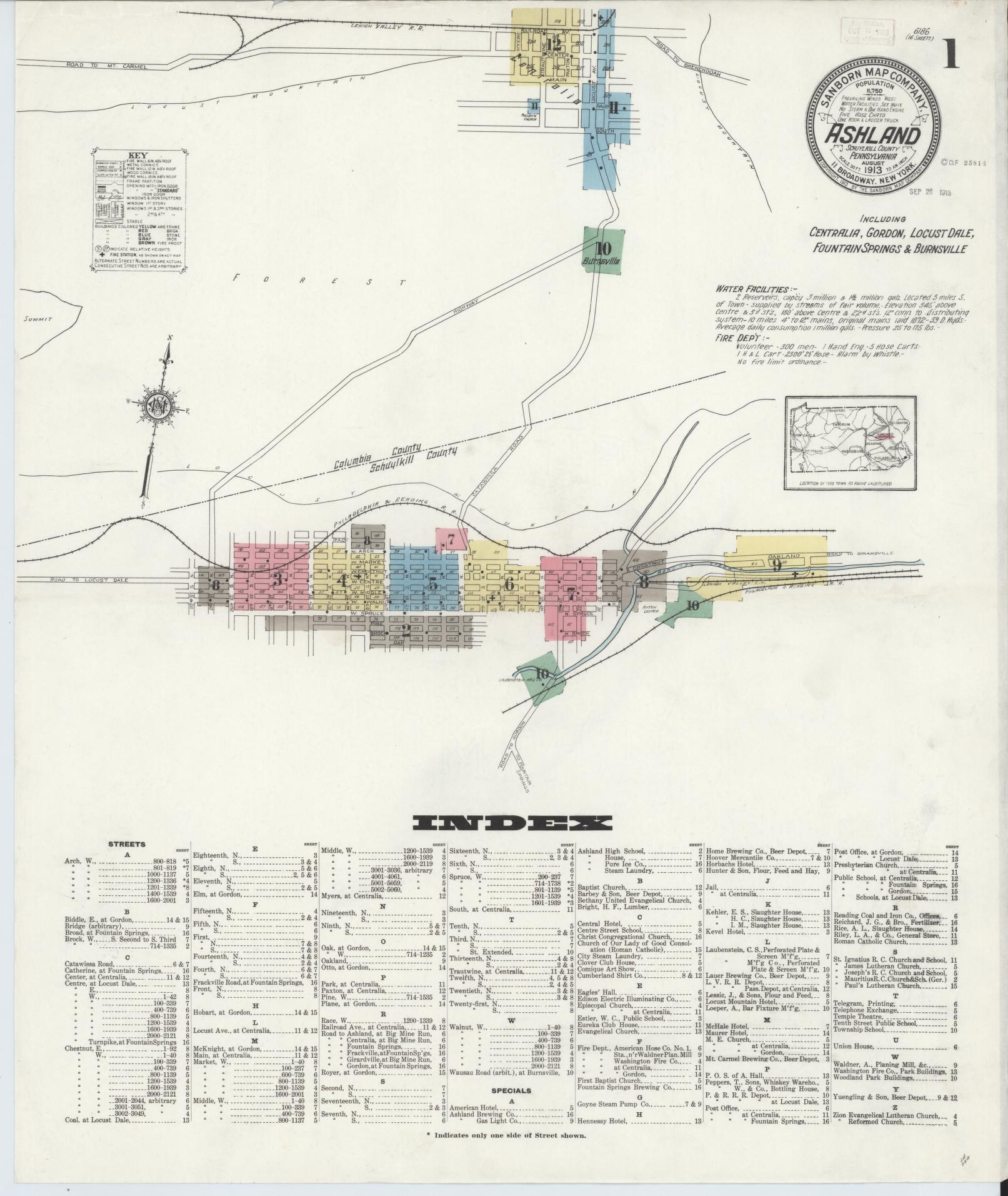 Sanborn Fire Insurance Map from Ashland, Schuylkill County, Pennsylvania (1913), Sheet #0001 - Historic Sanborn Fire Insurance Map Print, vintage old map wall art, antique decor, genealogy gift, Pennsylvania Pennsylvania map
