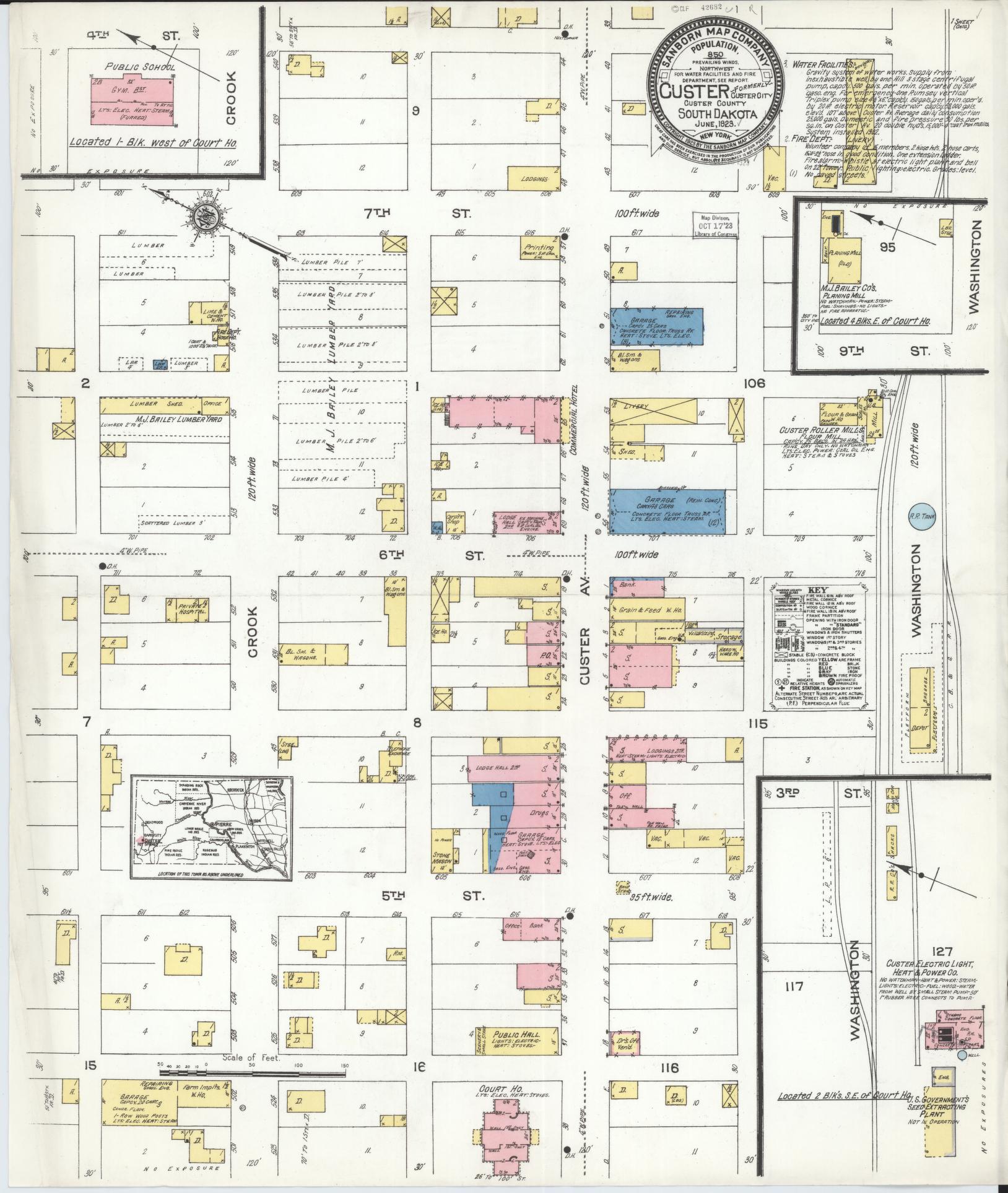 Sanborn Fire Insurance Map from Custer, Custer County, South Dakota (1923), Sheet #0001 - Historic Sanborn Fire Insurance Map Print, vintage old map wall art, antique decor, genealogy gift, South Dakota South Dakota map