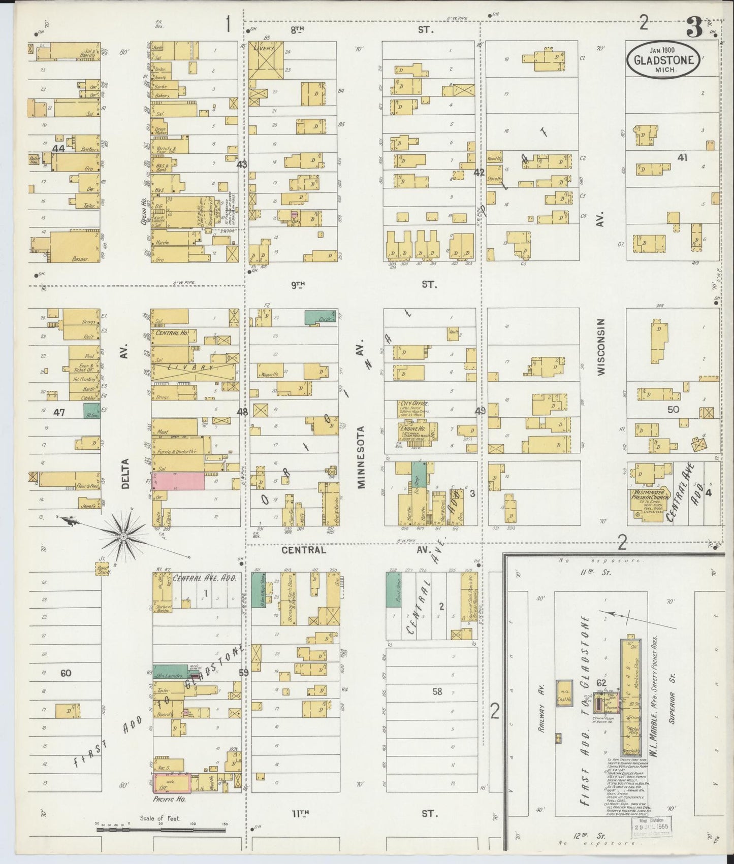 Sanborn Fire Insurance Map from Gladstone, Delta County, Michigan (1900), Sheet #0003 - Complete Map Set gallery image, historic Sanborn map, vintage wall art, Michigan Michigan