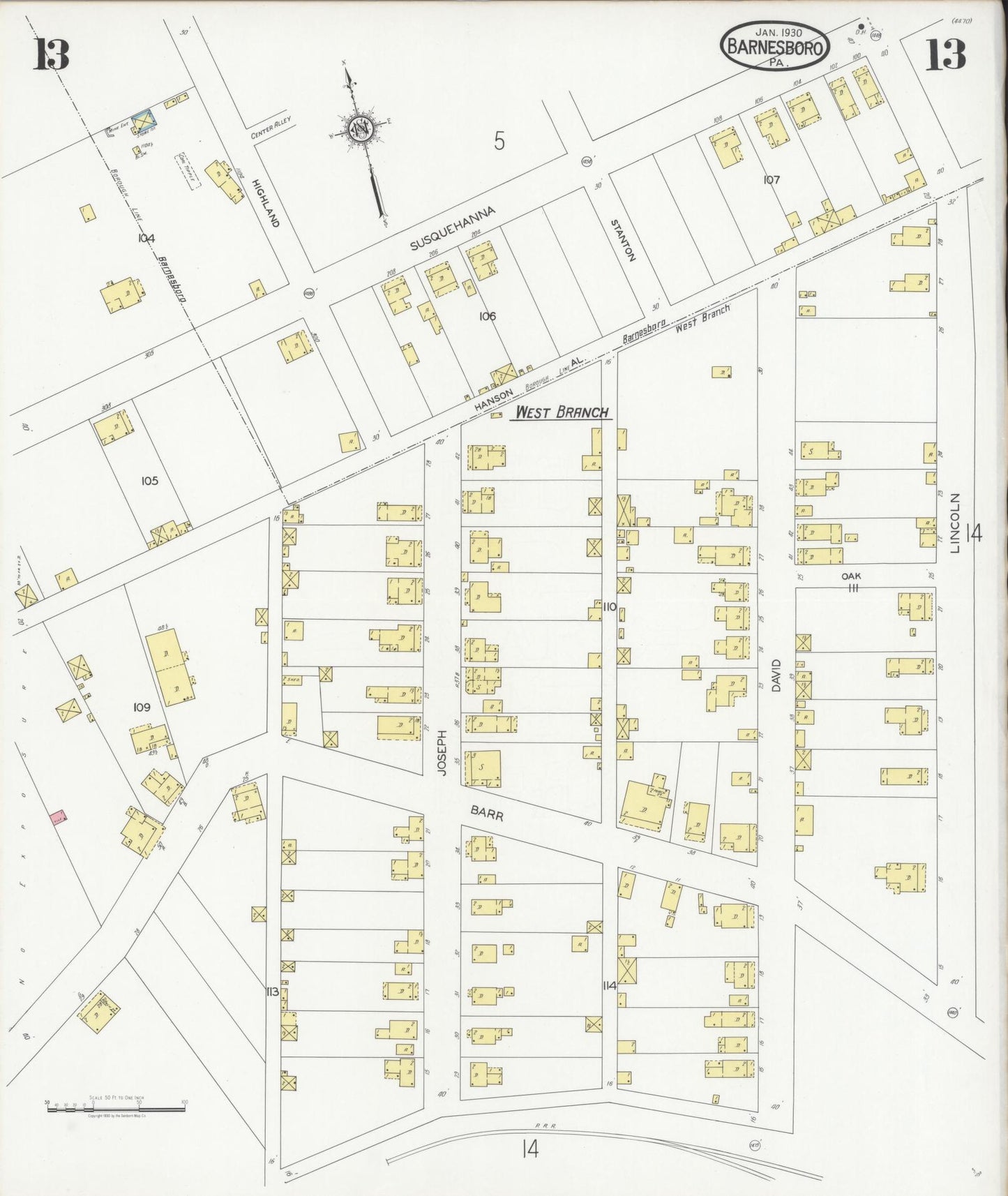 Sanborn Fire Insurance Map from Barnesboro, Cambria County, Pennsylvania (1930), Sheet #0013 - Historic Sanborn Fire Insurance Map Print, vintage old map wall art, antique decor, genealogy gift, Pennsylvania Pennsylvania map