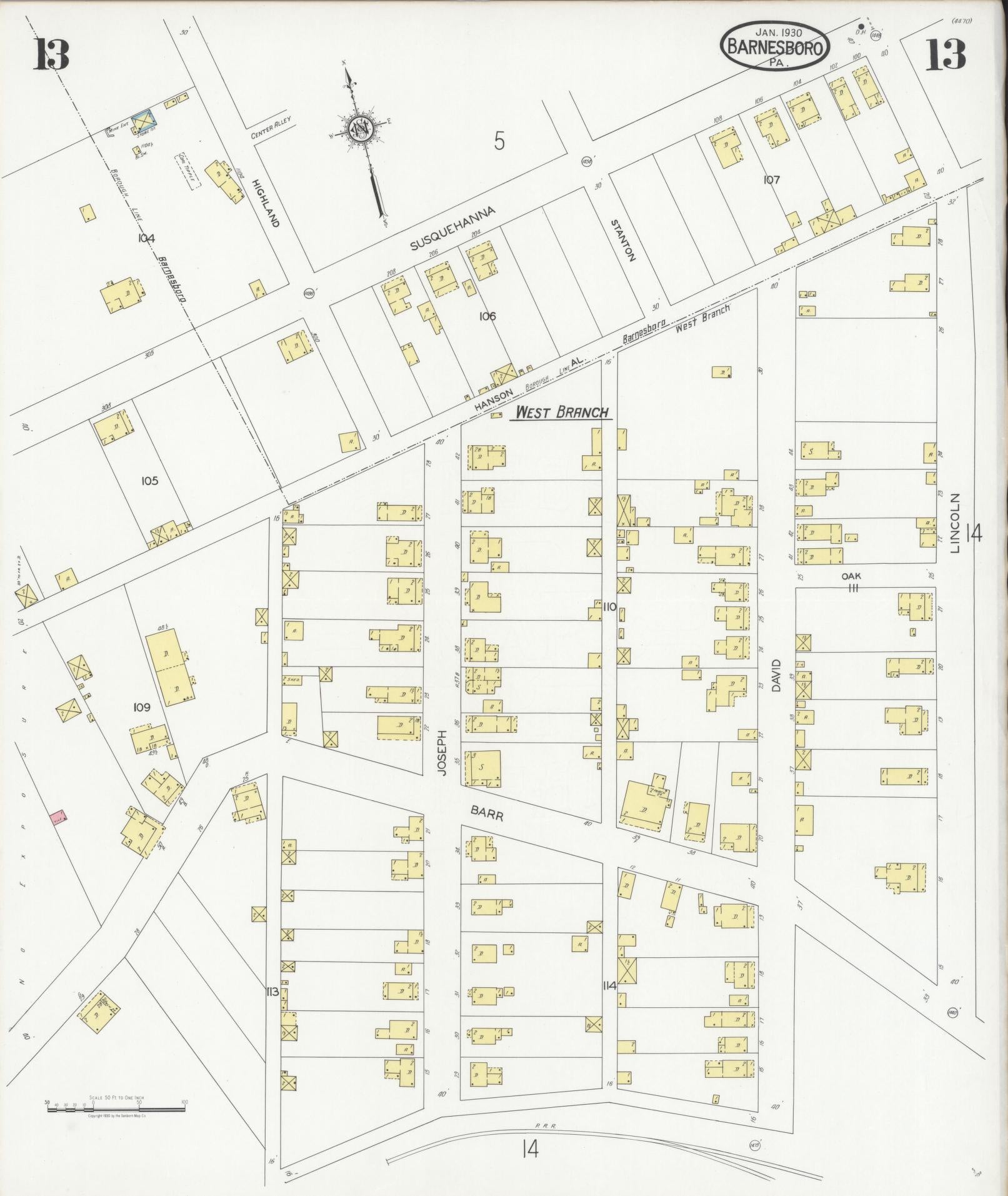 Sanborn Fire Insurance Map from Barnesboro, Cambria County, Pennsylvania (1930), Sheet #0013 - Historic Sanborn Fire Insurance Map Print, vintage old map wall art, antique decor, genealogy gift, Pennsylvania Pennsylvania map