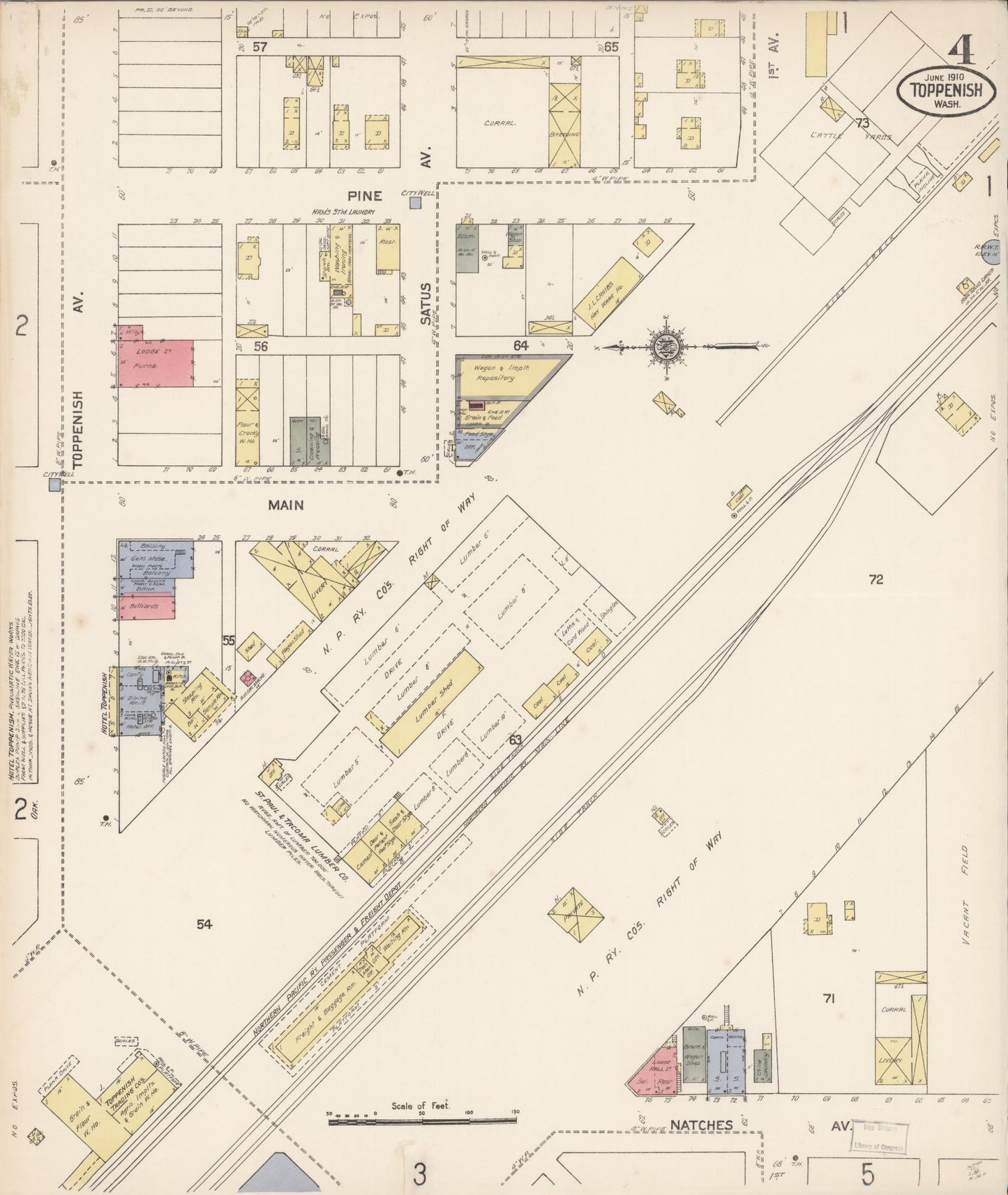 Sanborn Fire Insurance Map from Toppenish, Yakima County, Washington (1910), Sheet #0004 - Complete Map Set gallery image, historic Sanborn map, vintage wall art, Washington Washington
