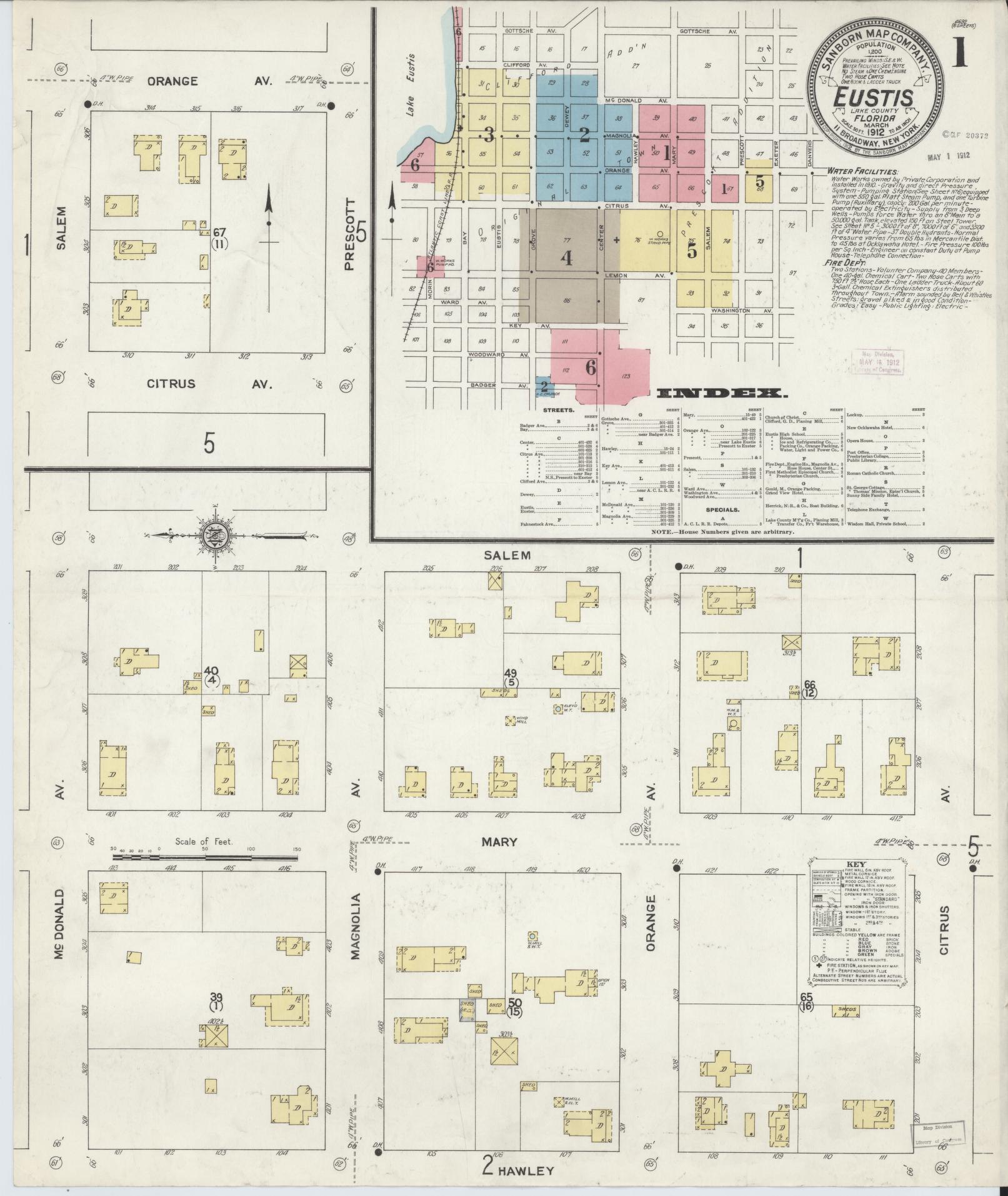 Sanborn Fire Insurance Map from Eustis, Lake County, Florida (1912), Sheet #0001 - Historic Sanborn Fire Insurance Map Print, vintage old map wall art, antique decor, genealogy gift, Florida Florida map