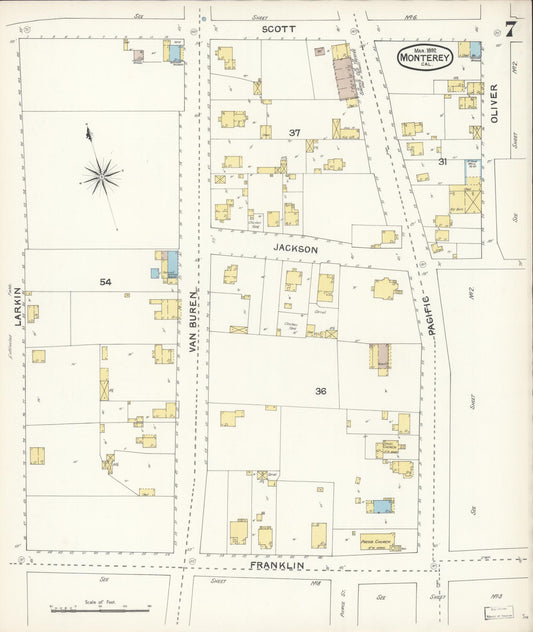 Sanborn Fire Insurance Map from Monterey, Monterey County, California (1892), Sheet #0007 - Historic Sanborn Fire Insurance Map Print, vintage old map wall art, antique decor, genealogy gift, California California map