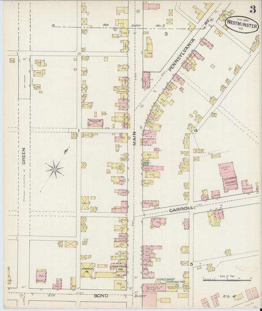 Sanborn Fire Insurance Map from Westminster, Carroll County, Maryland (1887), Sheet #0003 - Historic Sanborn Fire Insurance Map Print, vintage old map wall art, antique decor, genealogy gift, Maryland Maryland map