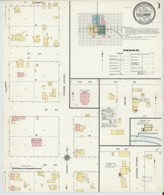 Sanborn Fire Insurance Map from Tuscumbia, Colbert County, Alabama (1910), Sheet #0001 - Historic Sanborn Fire Insurance Map Print, vintage old map wall art, antique decor, genealogy gift, Alabama Alabama map