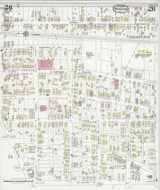 Sanborn Fire Insurance Map from Waukegan, Lake County, Illinois (1924), Sheet #0026 - Historic Sanborn Fire Insurance Map Print, vintage old map wall art, antique decor, genealogy gift, Illinois Illinois map