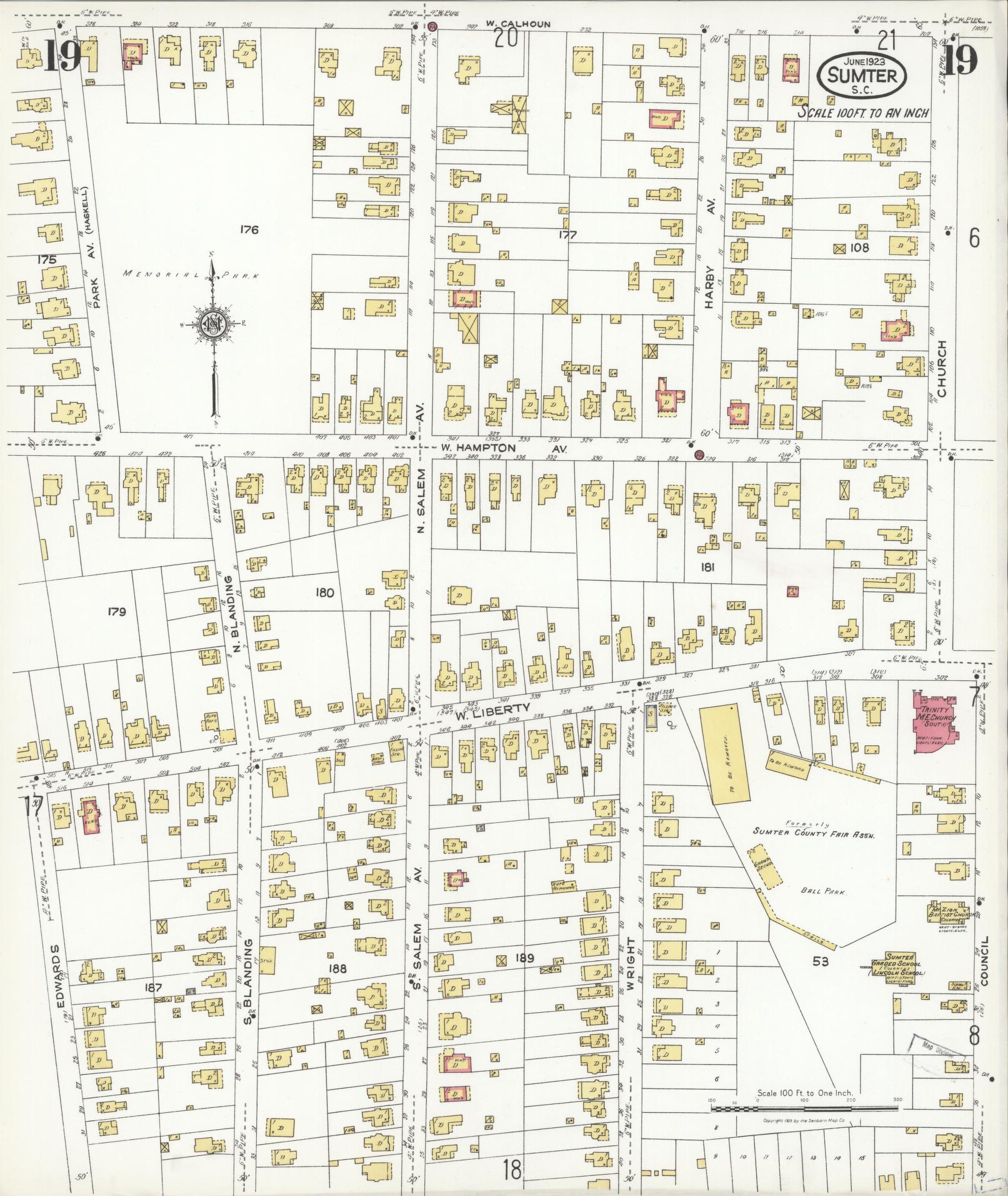 Sanborn Fire Insurance Map from Sumter, Sumter County, South Carolina (1923), Sheet #0019 - Complete Map Set gallery image, historic Sanborn map, vintage wall art, South Carolina South Carolina