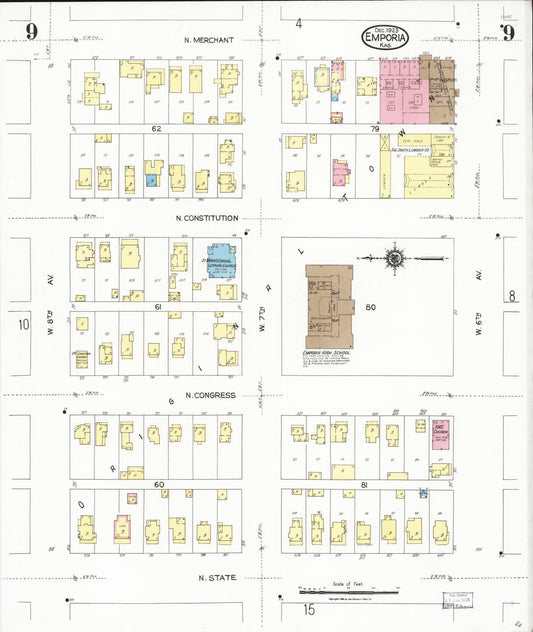 Sanborn Fire Insurance Map from Emporia, Lyon County, Kansas (1923), Sheet #0009 - Historic Sanborn Fire Insurance Map Print, vintage old map wall art, antique decor, genealogy gift, Kansas Kansas map