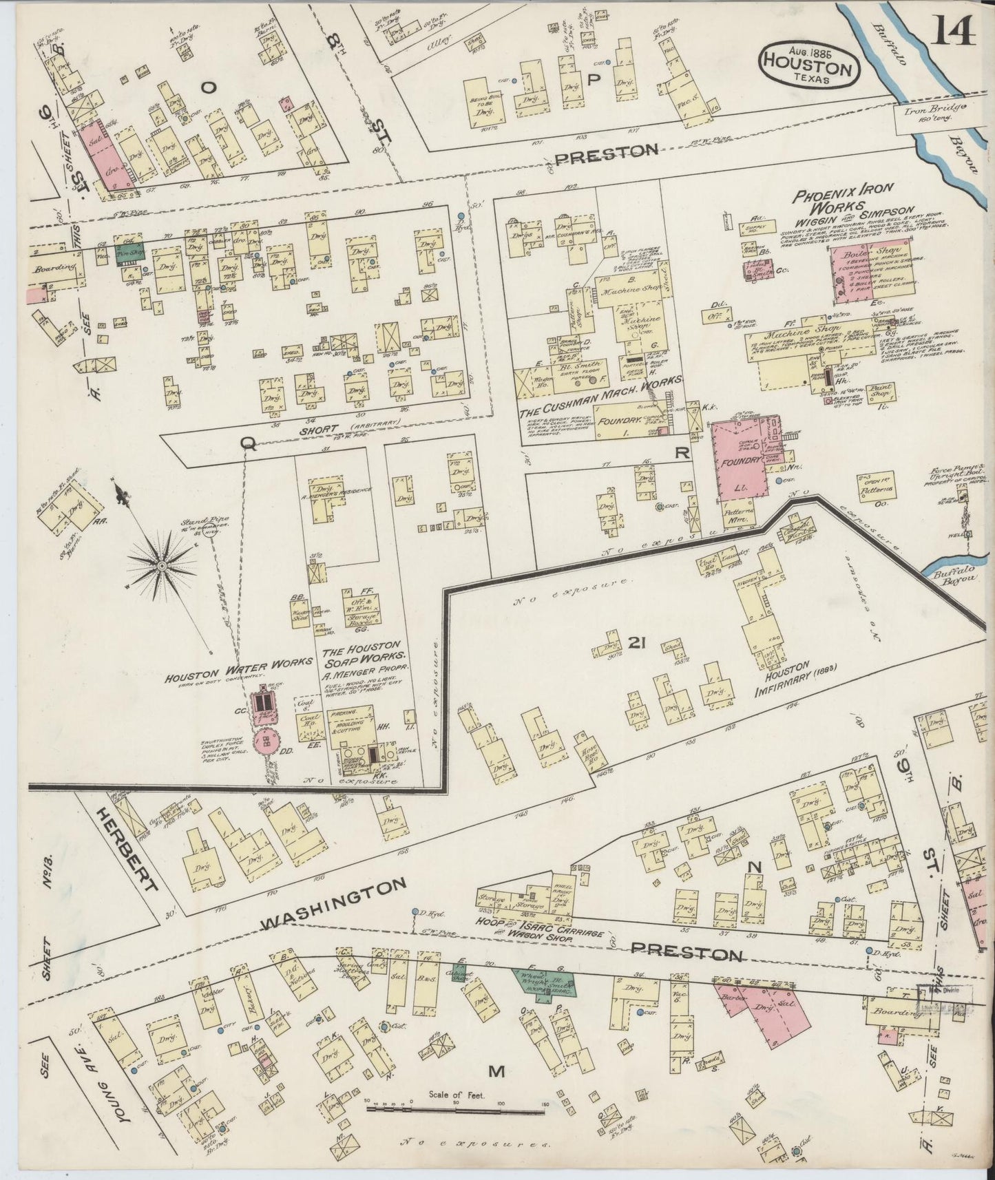 Sanborn Fire Insurance Map from Houston, Harris County, Texas (1885), Sheet #0014 - Complete Map Set gallery image, historic Sanborn map, vintage wall art, Texas Texas