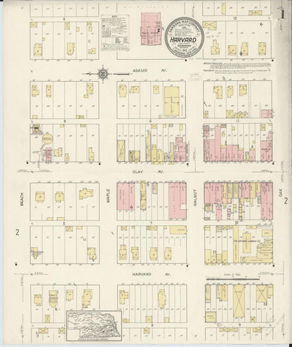 Sanborn Fire Insurance Map from Harvard, Clay County, Nebraska (1912), Sheet #0001 - Complete Map Set gallery image, historic Sanborn map, vintage wall art, Nebraska Nebraska