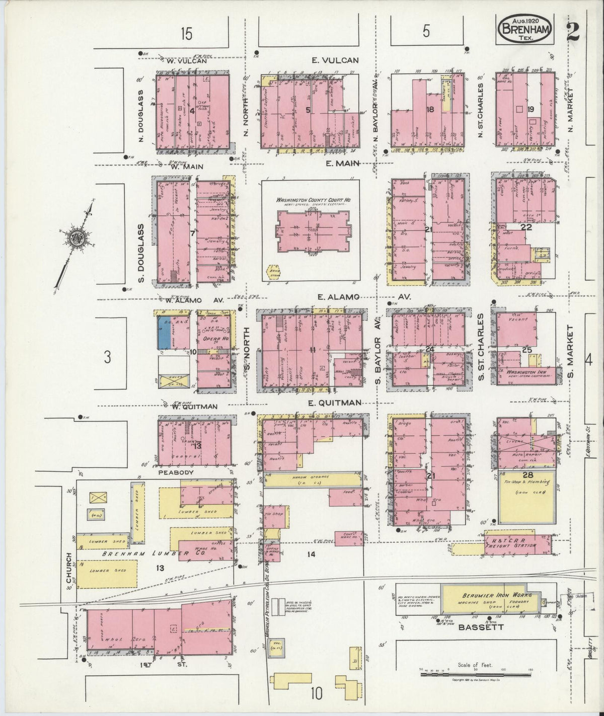 Sanborn Fire Insurance Map from Brenham, Washington County, Texas (1920), Sheet #0002 - Complete Map Set gallery image, historic Sanborn map, vintage wall art, Texas Texas