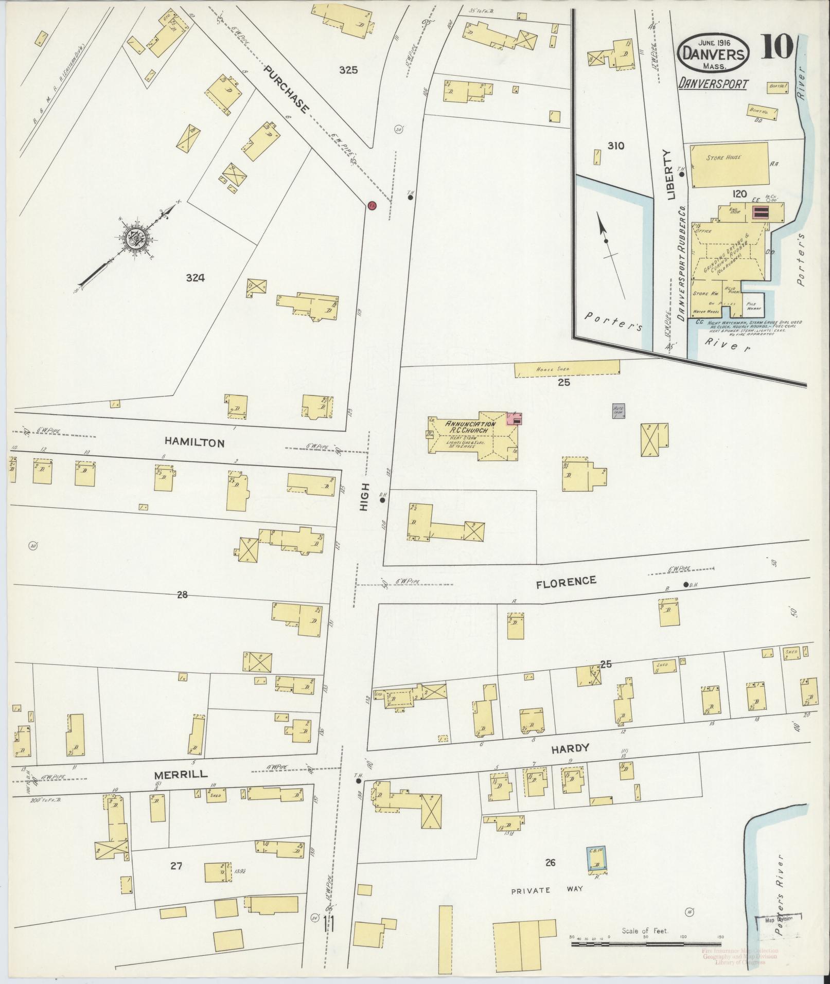Sanborn Fire Insurance Map from Danvers, Essex County, Massachusetts (1916), Sheet #0010 - Complete Map Set gallery image, historic Sanborn map, vintage wall art, Massachusetts Massachusetts