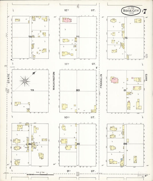 Sanborn Fire Insurance Map from Boise, Ada County, Idaho (1893), Sheet #0007 - Historic Sanborn Fire Insurance Map Print, vintage old map wall art, antique decor, genealogy gift, Idaho Idaho map