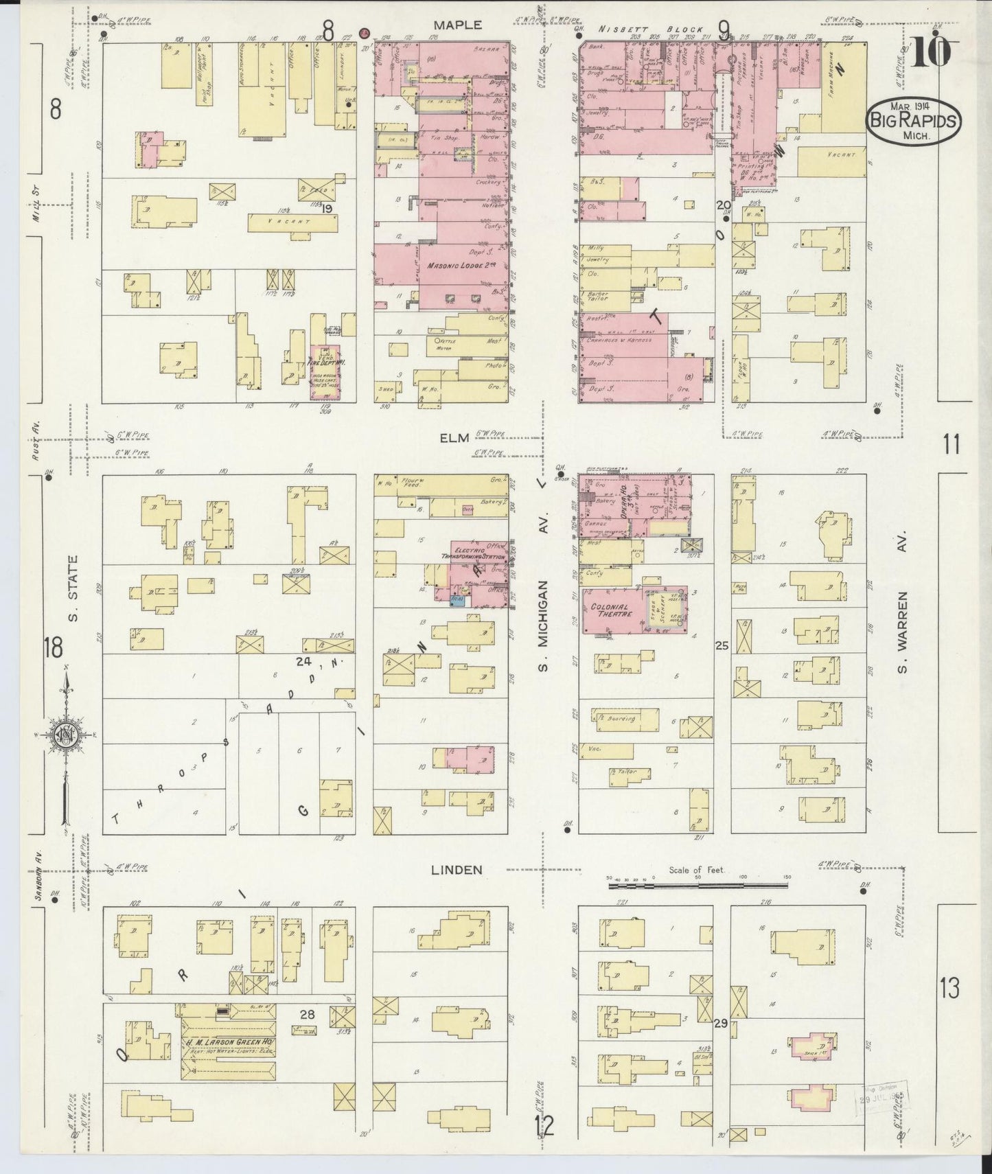 Sanborn Fire Insurance Map from Big Rapids, Mecosta County, Michigan (1914), Sheet #0010 - Historic Sanborn Fire Insurance Map Print, vintage old map wall art, antique decor, genealogy gift, Michigan Michigan map