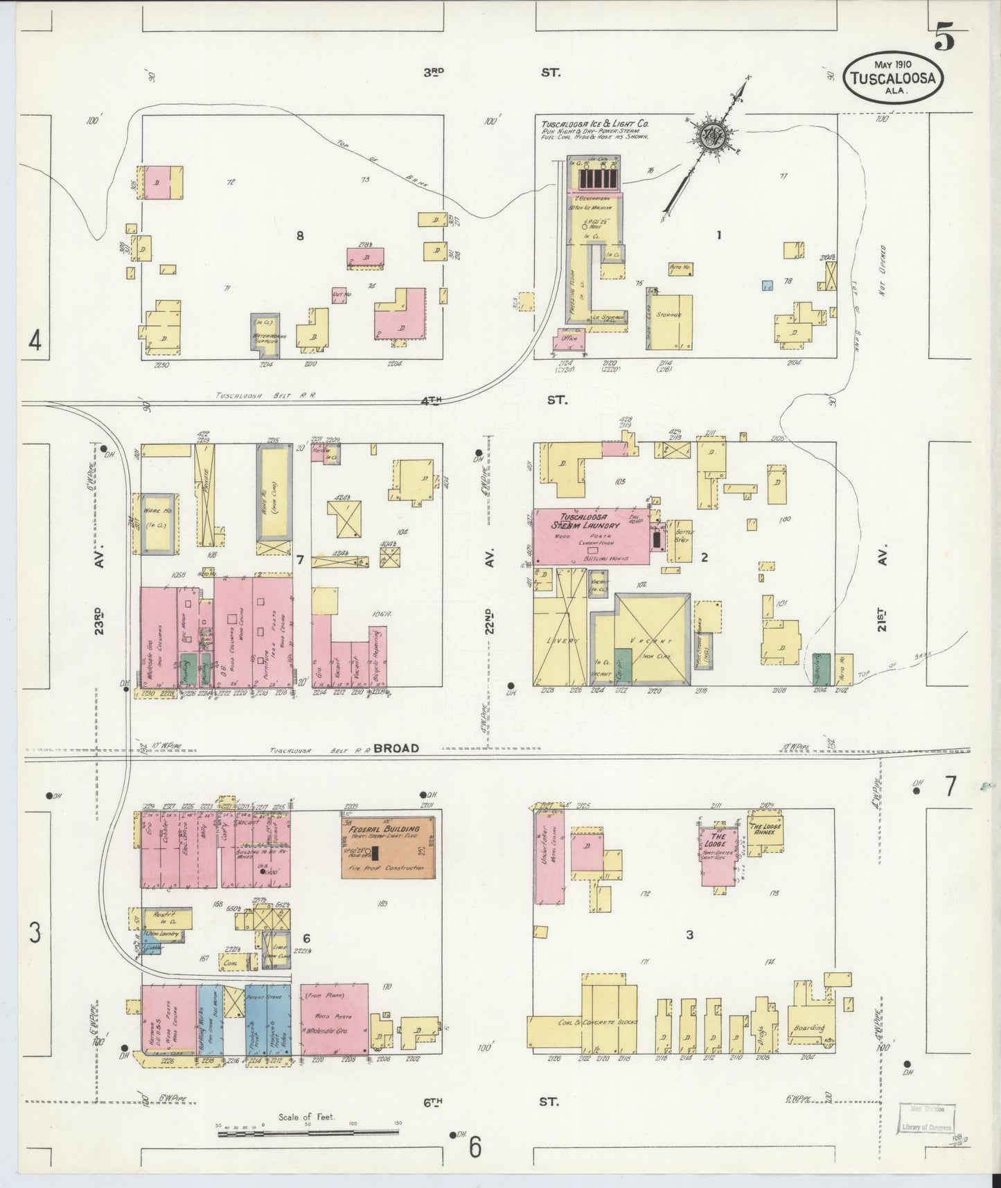 Sanborn Fire Insurance Map from Tuscaloosa, Tuscaloosa County, Alabama (1910), Sheet #0005 - Complete Map Set gallery image, historic Sanborn map, vintage wall art, Alabama Alabama