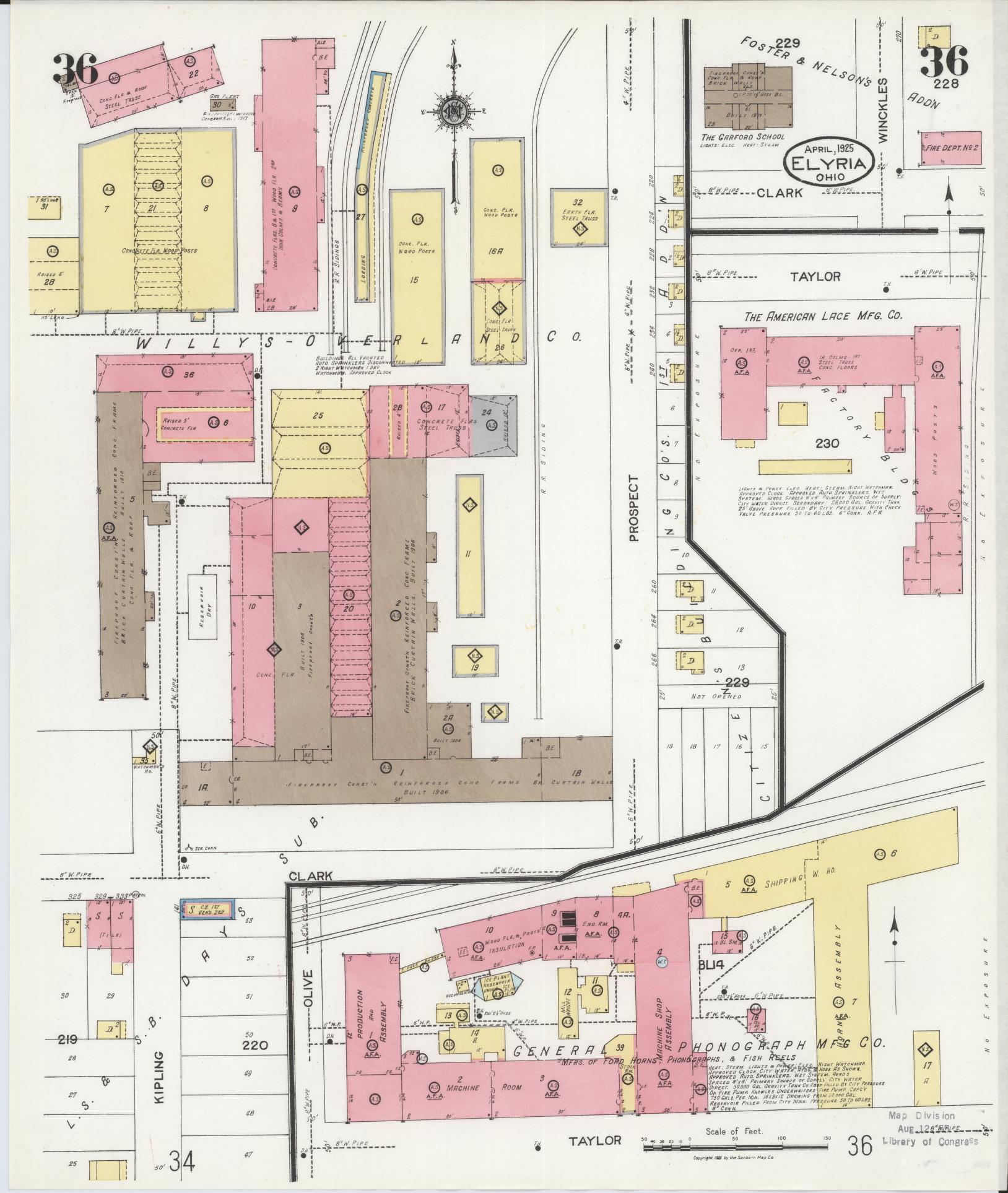 Sanborn Fire Insurance Map from Elyria, Lorain County, Ohio (1925), Sheet #0036 - Historic Sanborn Fire Insurance Map Print, vintage old map wall art, antique decor, genealogy gift, Ohio Ohio map
