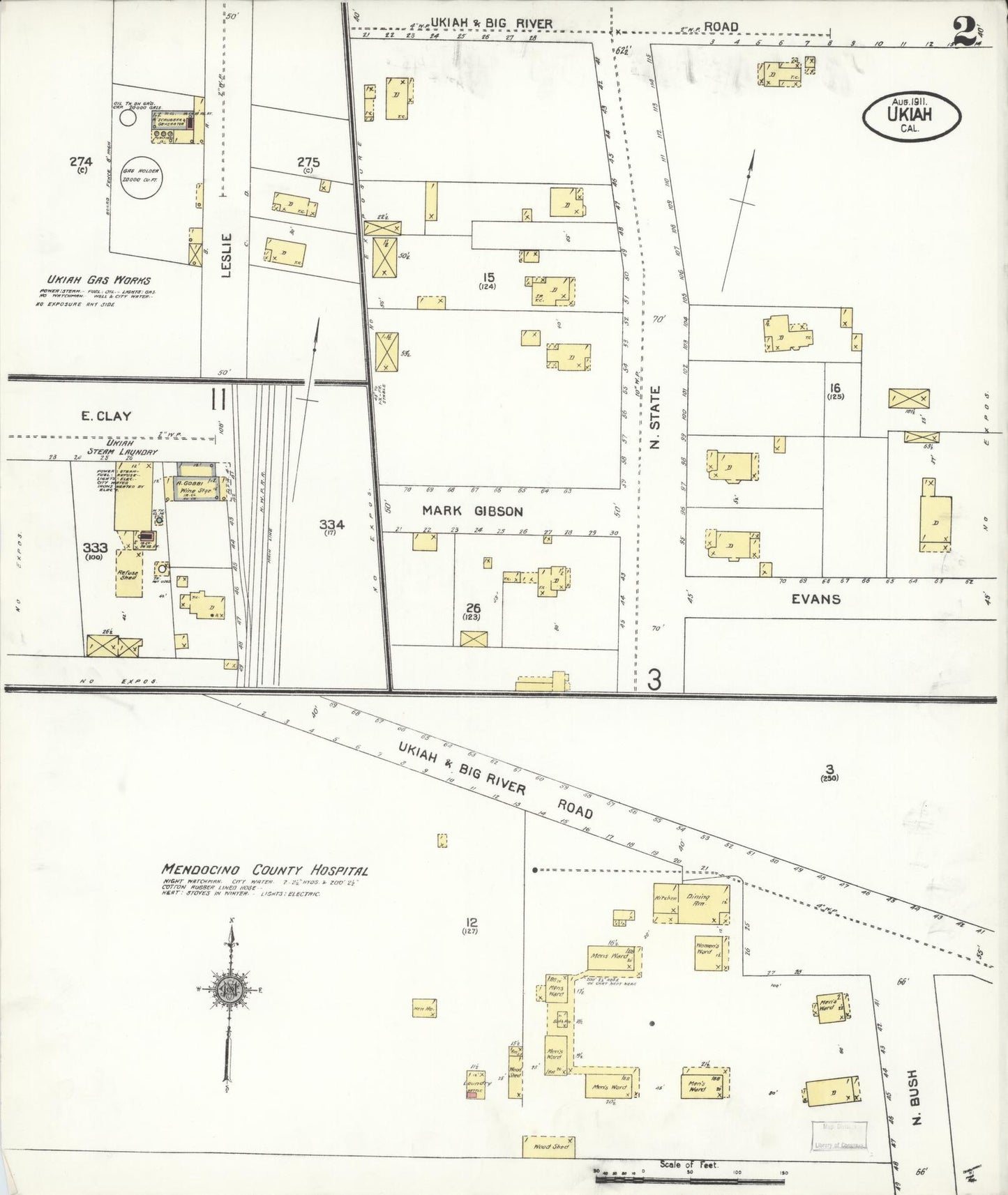 Sanborn Fire Insurance Map from Ukiah, Mendocino County, California (1911), Sheet #0002 - Complete Map Set gallery image, historic Sanborn map, vintage wall art, California California