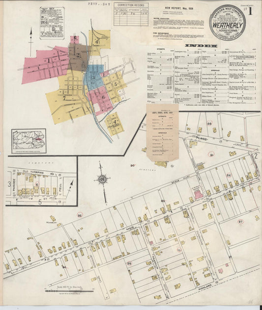 Sanborn Fire Insurance Map from Weatherly, Carbon County, Pennsylvania (1938), Sheet #0001 - Historic Sanborn Fire Insurance Map Print, vintage old map wall art, antique decor, genealogy gift, Pennsylvania Pennsylvania map
