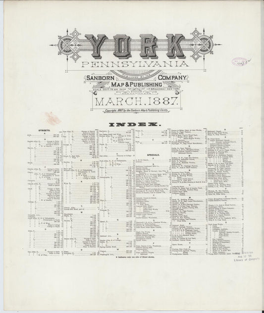 Sanborn Fire Insurance Map from York, York County, Pennsylvania (1887), Sheet #0001 - Historic Sanborn Fire Insurance Map Print, vintage old map wall art, antique decor, genealogy gift, Pennsylvania Pennsylvania map