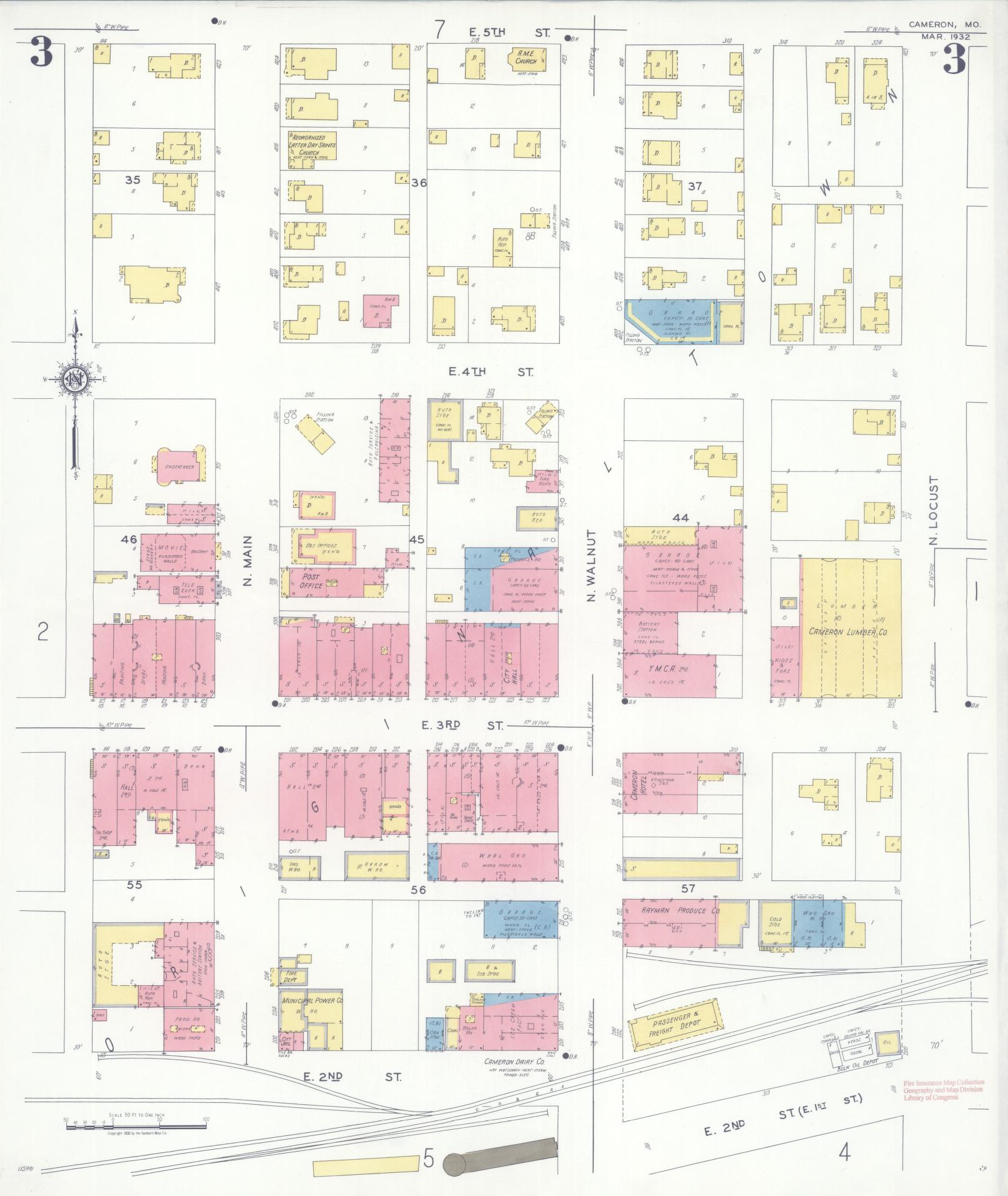 Sanborn Fire Insurance Map from Cameron, Clinton County, Missouri (1932), Sheet #0003 - Complete Map Set gallery image, historic Sanborn map, vintage wall art, Missouri Missouri