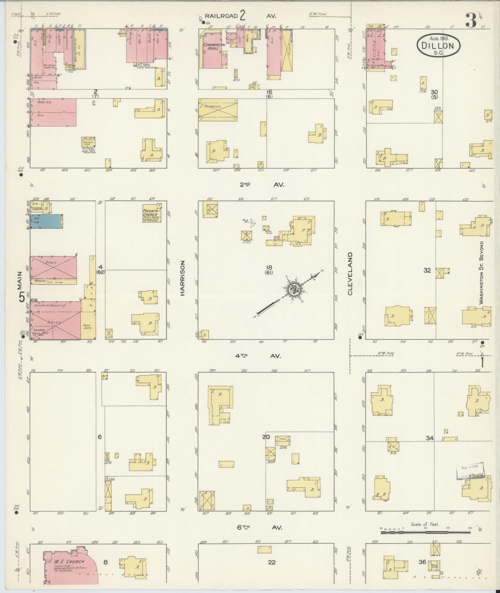 Sanborn Fire Insurance Map from Dillon, Dillon County, South Carolina (1913), Sheet #0003 - Complete Map Set gallery image, historic Sanborn map, vintage wall art, South Carolina South Carolina