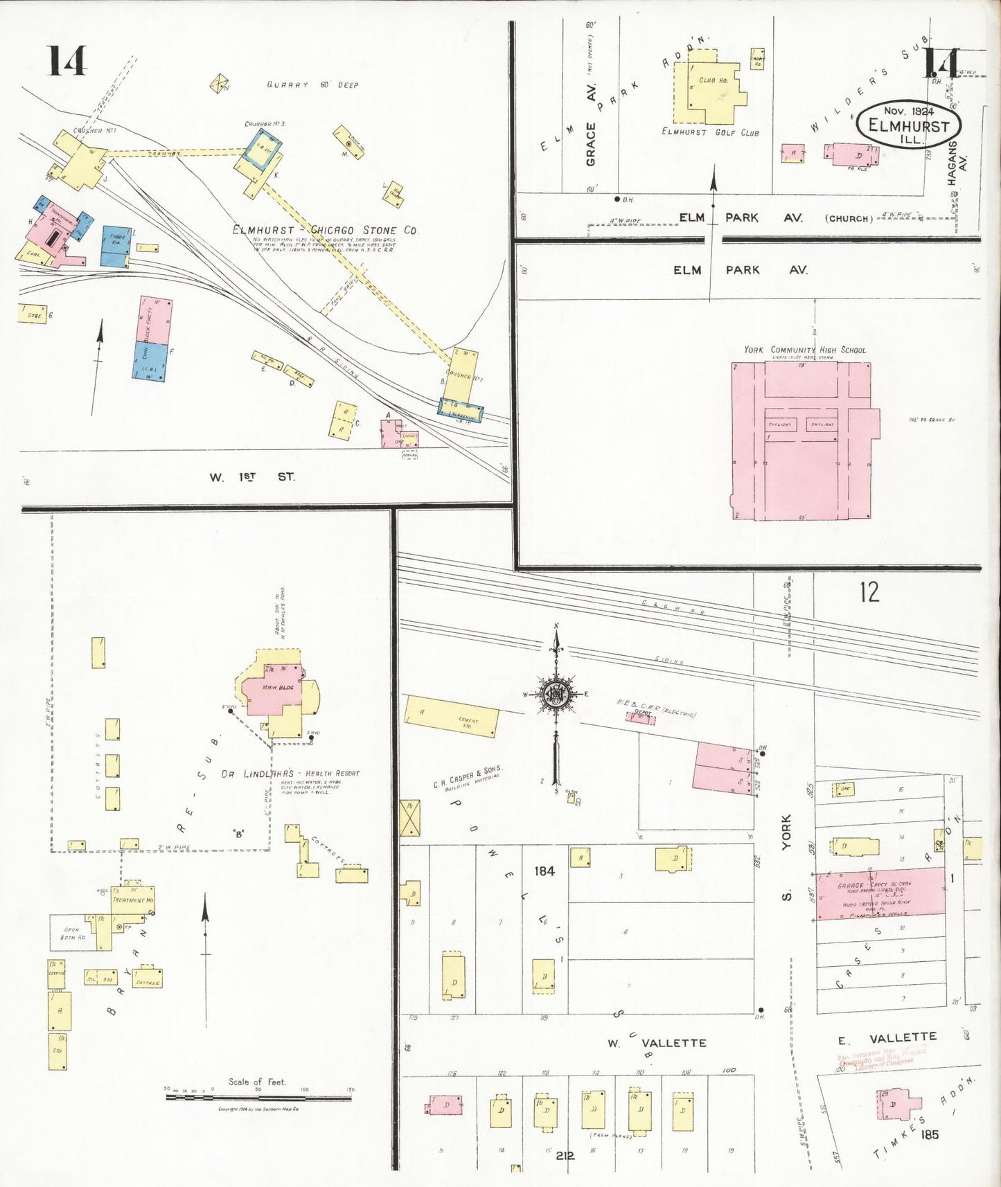 Sanborn Fire Insurance Map from Elmhurst, Du Page County, Illinois (1924), Sheet #0014 - Complete Map Set gallery image, historic Sanborn map, vintage wall art, Illinois Illinois