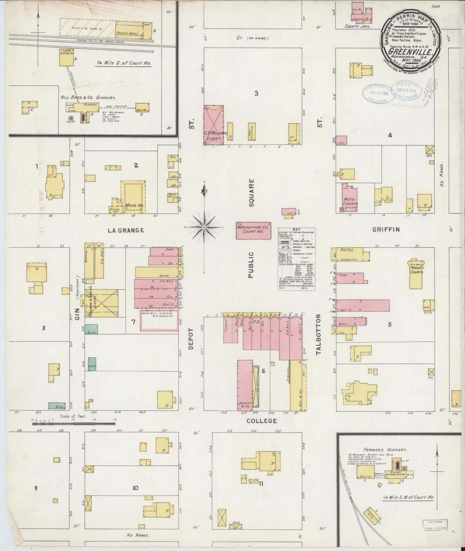 Sanborn Fire Insurance Map from Greenville, Meriweather County, Georgia (1898), Sheet #0001 - Historic Sanborn Fire Insurance Map Print, vintage old map wall art, antique decor, genealogy gift, Georgia Georgia map