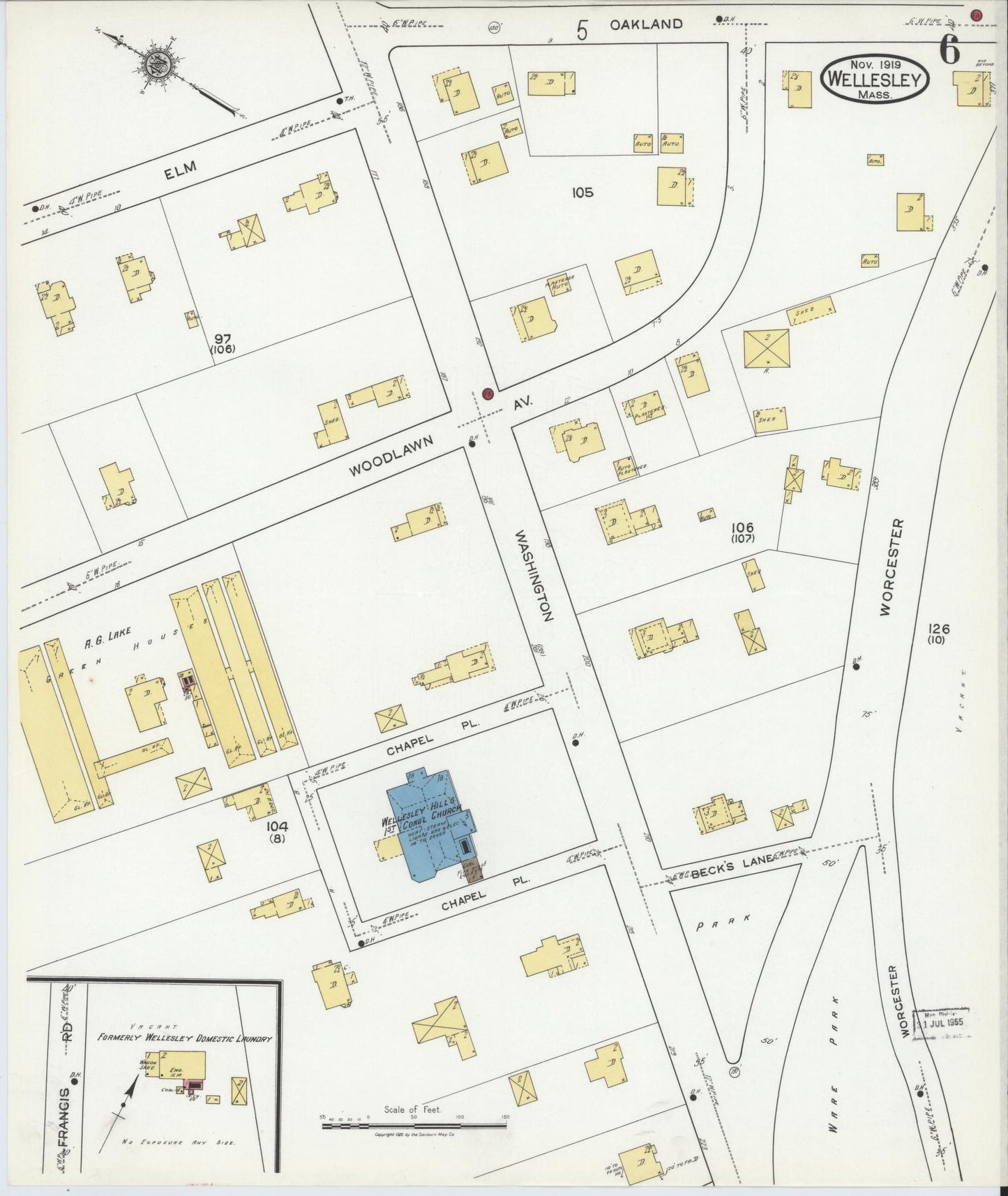 Sanborn Fire Insurance Map from Wellesley, Norfolk County, Massachusetts (1919), Sheet #0006 - Complete Map Set gallery image, historic Sanborn map, vintage wall art, Massachusetts Massachusetts
