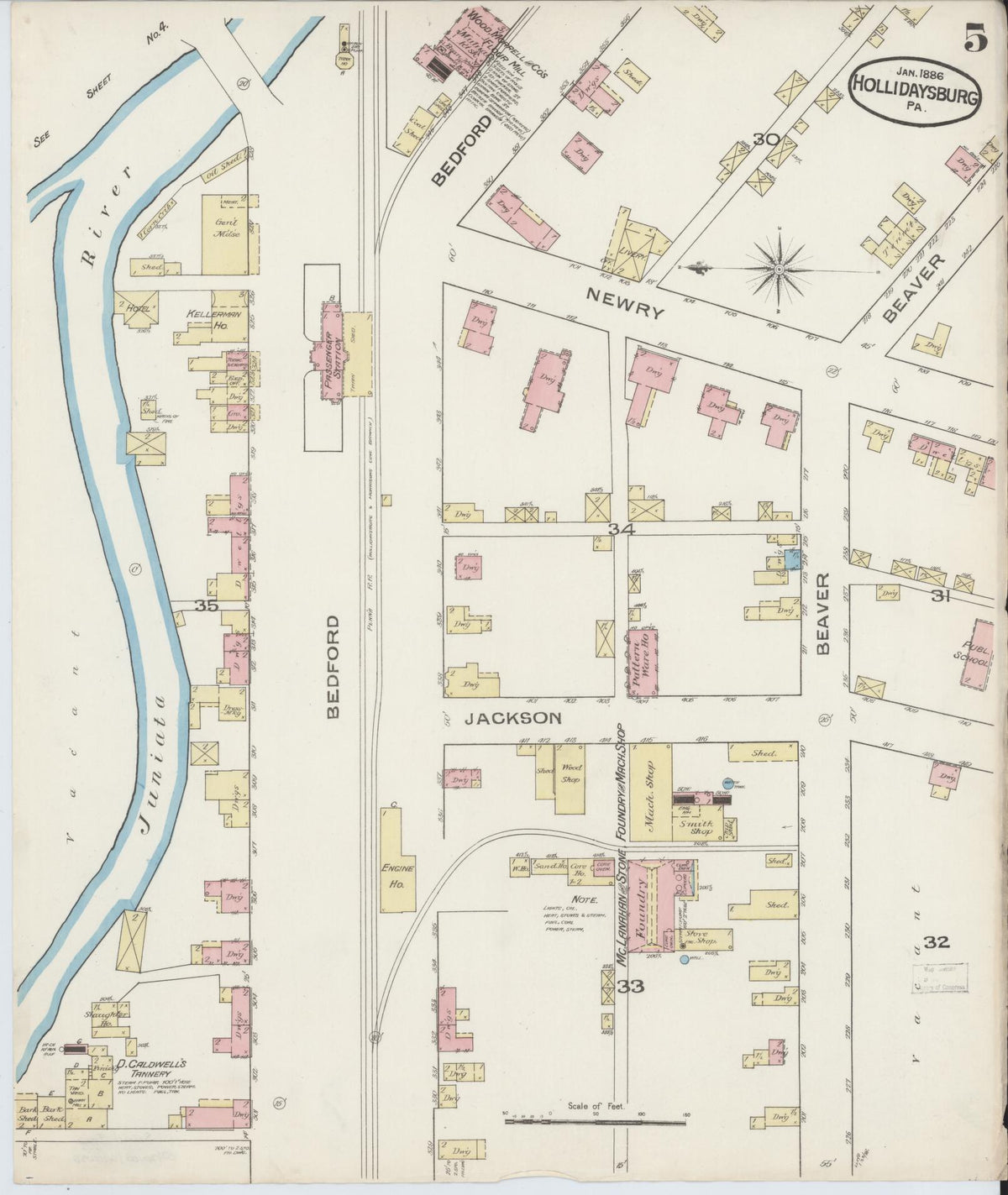 Sanborn Fire Insurance Map from Hollidaysburg, Blair County, Pennsylvania (1886), Sheet #0005 - Complete Map Set gallery image, historic Sanborn map, vintage wall art, Pennsylvania Pennsylvania