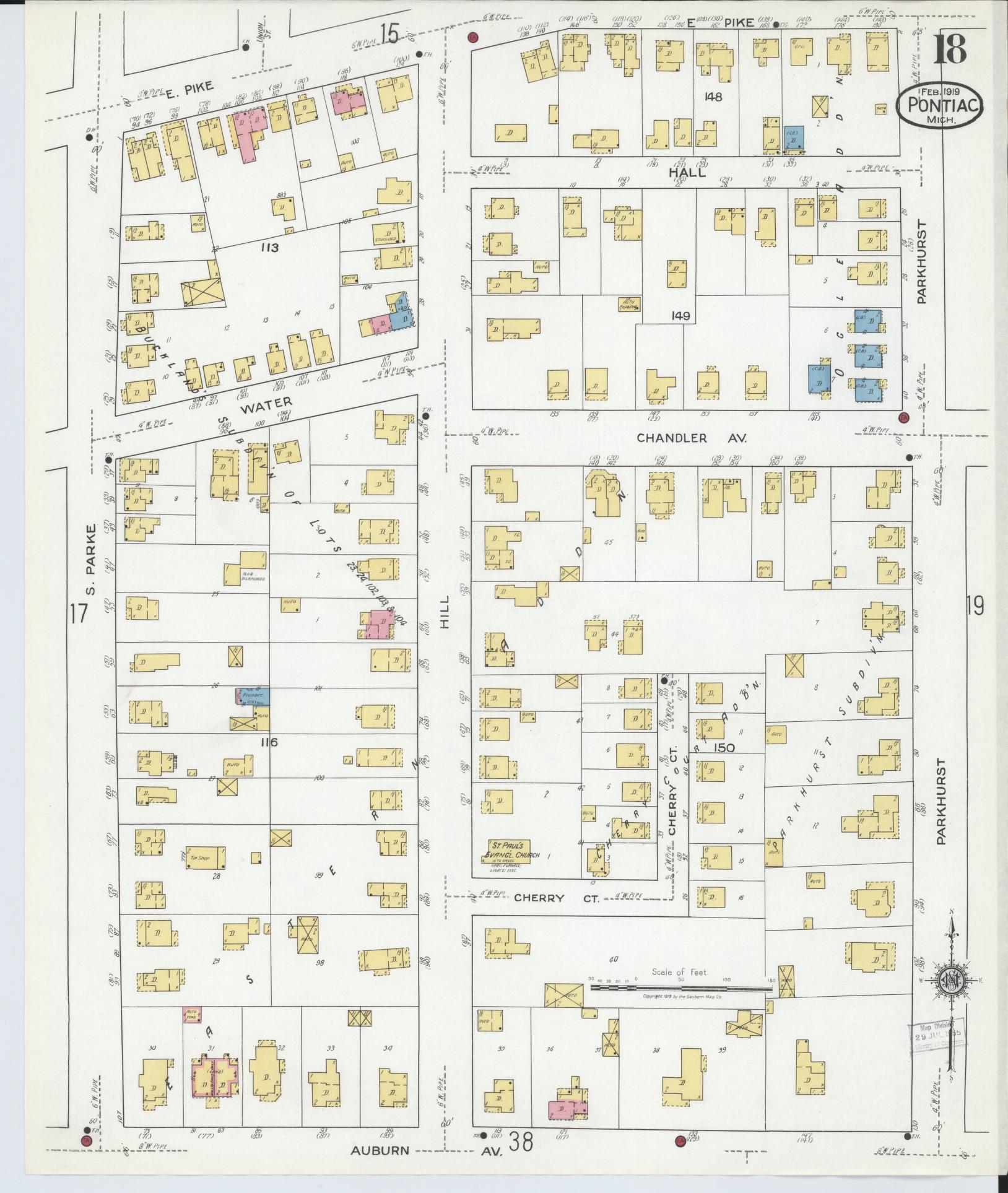 Sanborn Fire Insurance Map from Pontiac, Oakland County, Michigan (1919), Sheet #0018 - Complete Map Set gallery image, historic Sanborn map, vintage wall art, Michigan Michigan