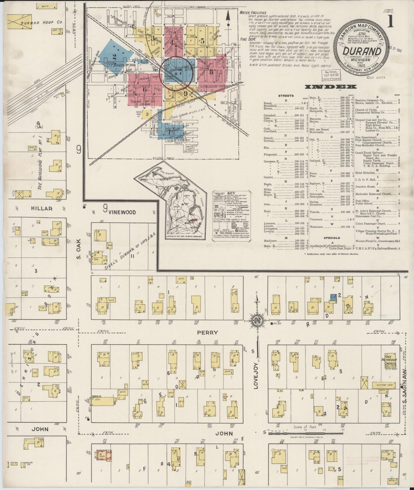 Sanborn Fire Insurance Map from Durand, Shiawassee County, Michigan (1922), Sheet #0001 - Complete Map Set gallery image, historic Sanborn map, vintage wall art, Michigan Michigan