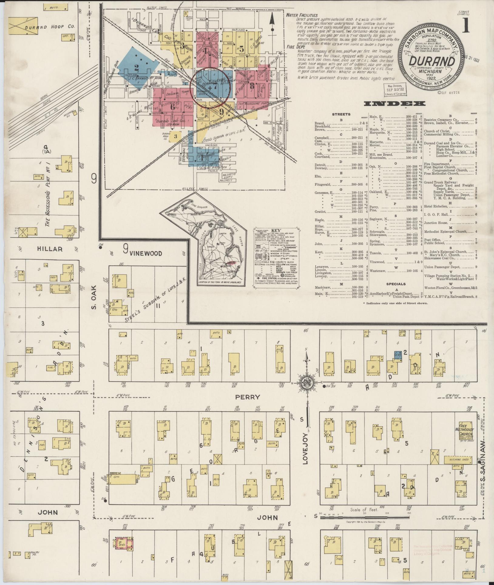 Sanborn Fire Insurance Map from Durand, Shiawassee County, Michigan (1922), Sheet #0001 - Complete Map Set gallery image, historic Sanborn map, vintage wall art, Michigan Michigan