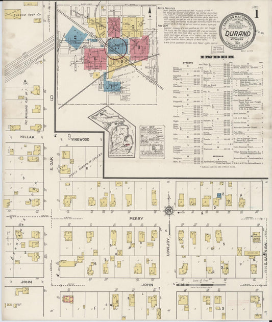 Sanborn Fire Insurance Map from Durand, Shiawassee County, Michigan (1922), Sheet #0001 - Complete Map Set gallery image, historic Sanborn map, vintage wall art, Michigan Michigan