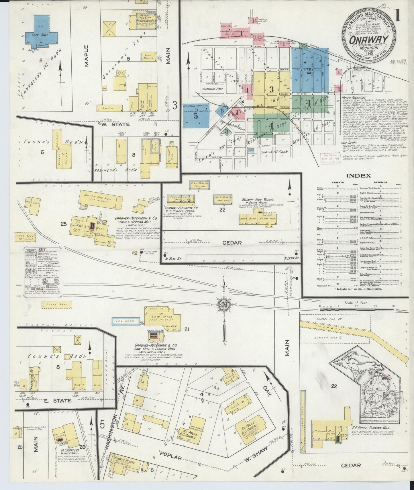 Sanborn Fire Insurance Map from Onaway, Presque Isle County, Michigan (1915), Sheet #0001 - Historic Sanborn Fire Insurance Map Print, vintage old map wall art, antique decor, genealogy gift, Michigan Michigan map