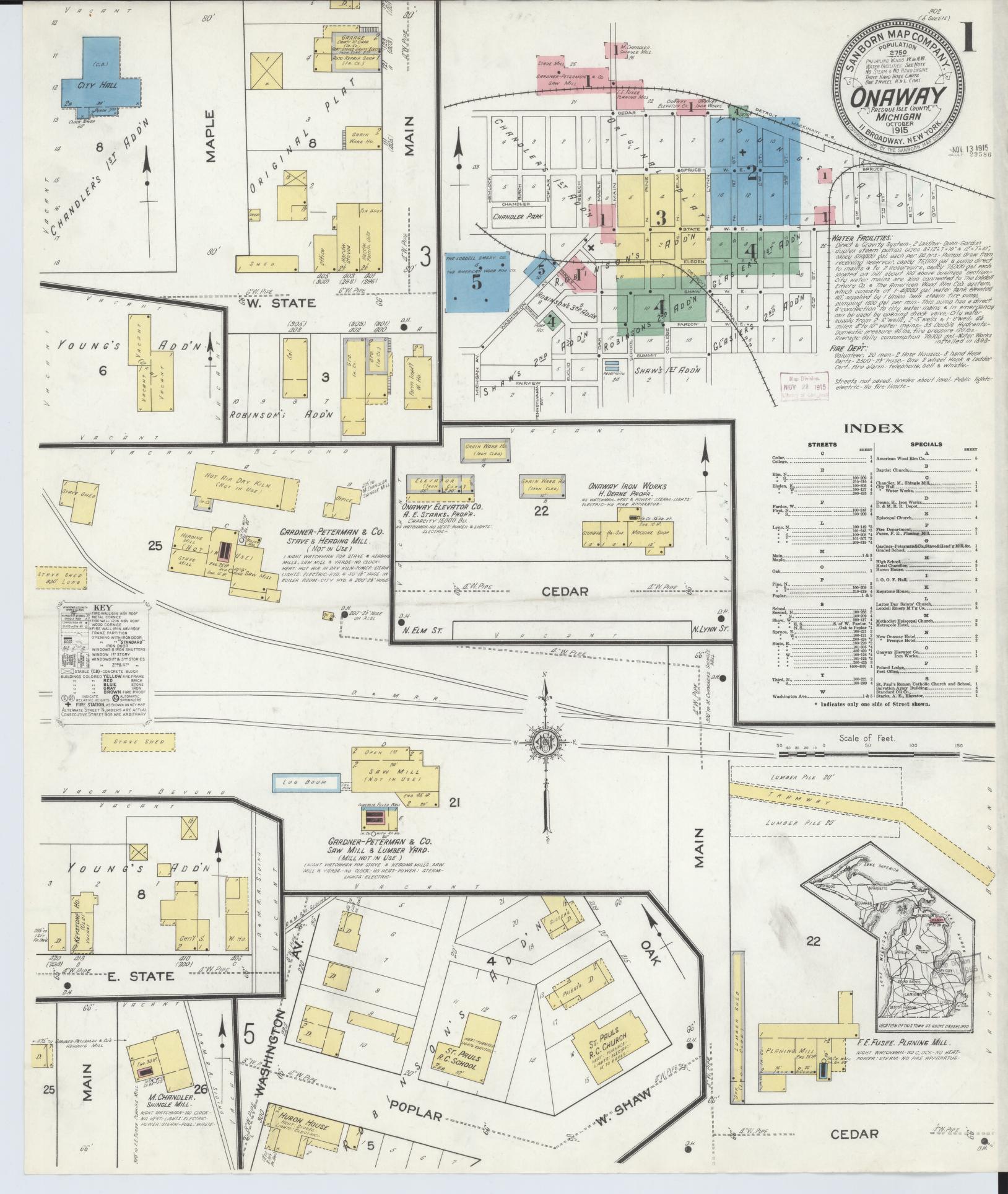 Sanborn Fire Insurance Map from Onaway, Presque Isle County, Michigan (1915), Sheet #0001 - Historic Sanborn Fire Insurance Map Print, vintage old map wall art, antique decor, genealogy gift, Michigan Michigan map