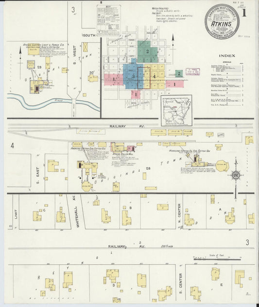 Sanborn Fire Insurance Map from Atkins, Pope County, Arkansas (1913), Sheet #0001 - Historic Sanborn Fire Insurance Map Print, vintage old map wall art, antique decor, genealogy gift, Arkansas Arkansas map