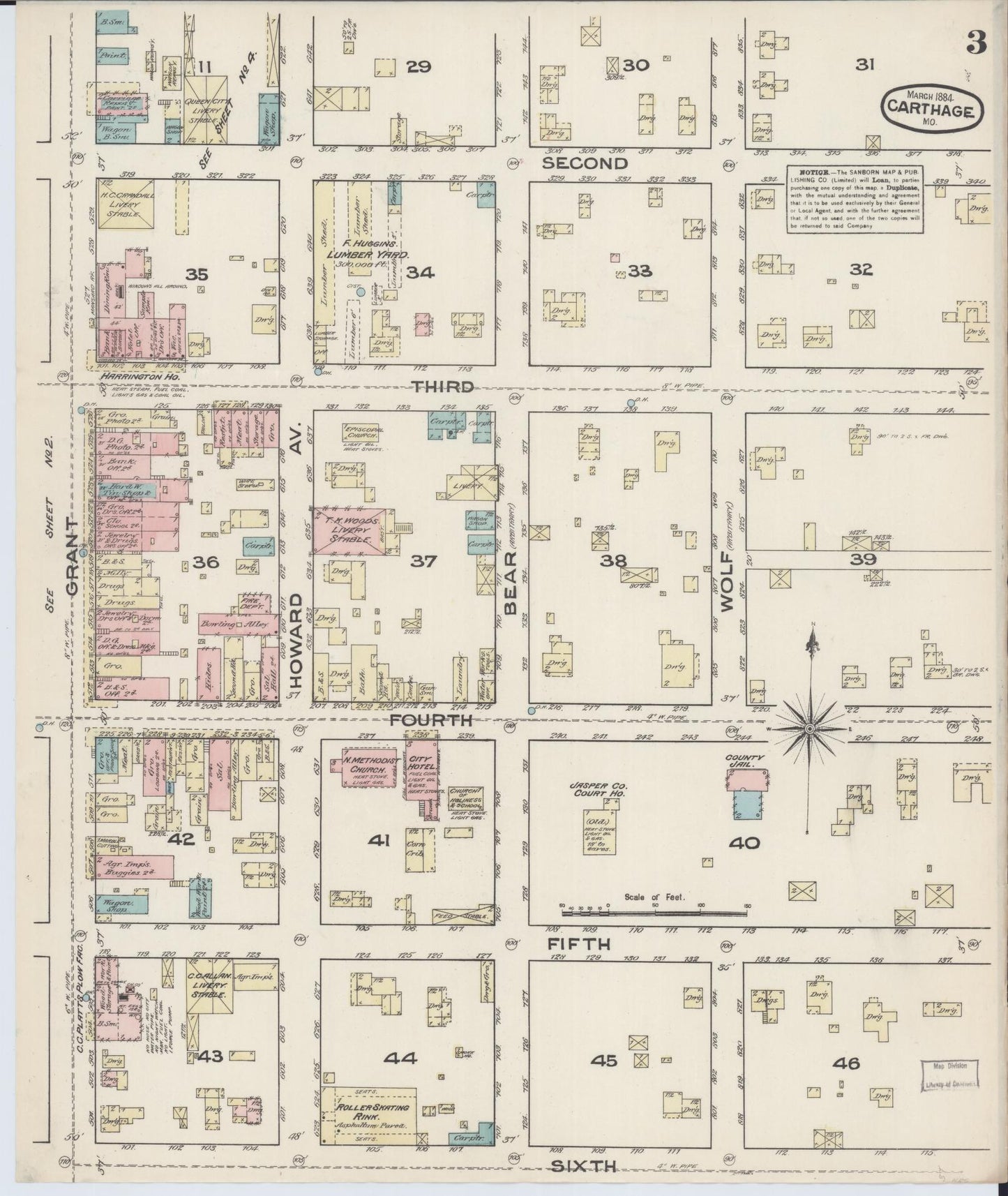 Sanborn Fire Insurance Map from Carthage, Jasper County, Missouri (1884), Sheet #0003 - Historic Sanborn Fire Insurance Map Print, vintage old map wall art, antique decor, genealogy gift, Missouri Missouri map