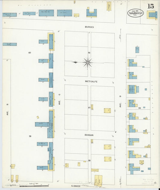 Sanborn Fire Insurance Map from San Angelo, Tom Green County, Texas (1908), Sheet #0015 - Historic Sanborn Fire Insurance Map Print, vintage old map wall art, antique decor, genealogy gift, Texas Texas map