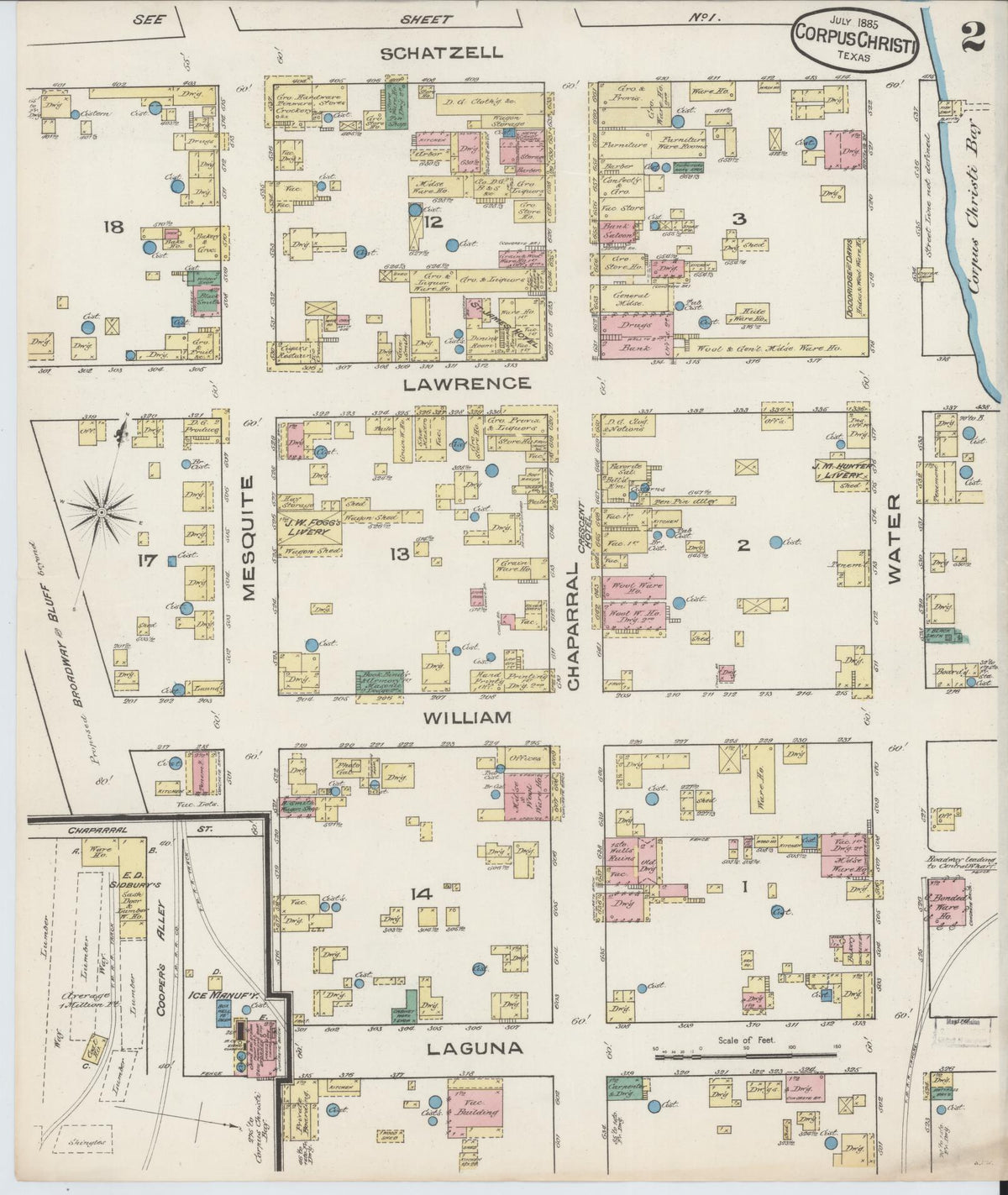 Sanborn Fire Insurance Map from Corpus Christi, Nueces County, Texas (1885), Sheet #0002 - Complete Map Set gallery image, historic Sanborn map, vintage wall art, Texas Texas