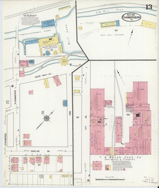 Sanborn Fire Insurance Map from Chambersburg, Franklin County, Pennsylvania (1916), Sheet #0013 - Historic Sanborn Fire Insurance Map Print, vintage old map wall art, antique decor, genealogy gift, Pennsylvania Pennsylvania map