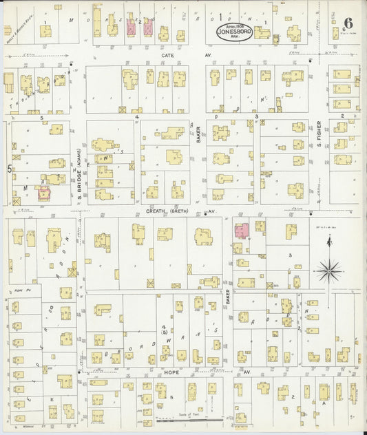 Sanborn Fire Insurance Map from Jonesboro, Craighead County, Arkansas (1908), Sheet #0006 - Historic Sanborn Fire Insurance Map Print, vintage old map wall art, antique decor, genealogy gift, Arkansas Arkansas map